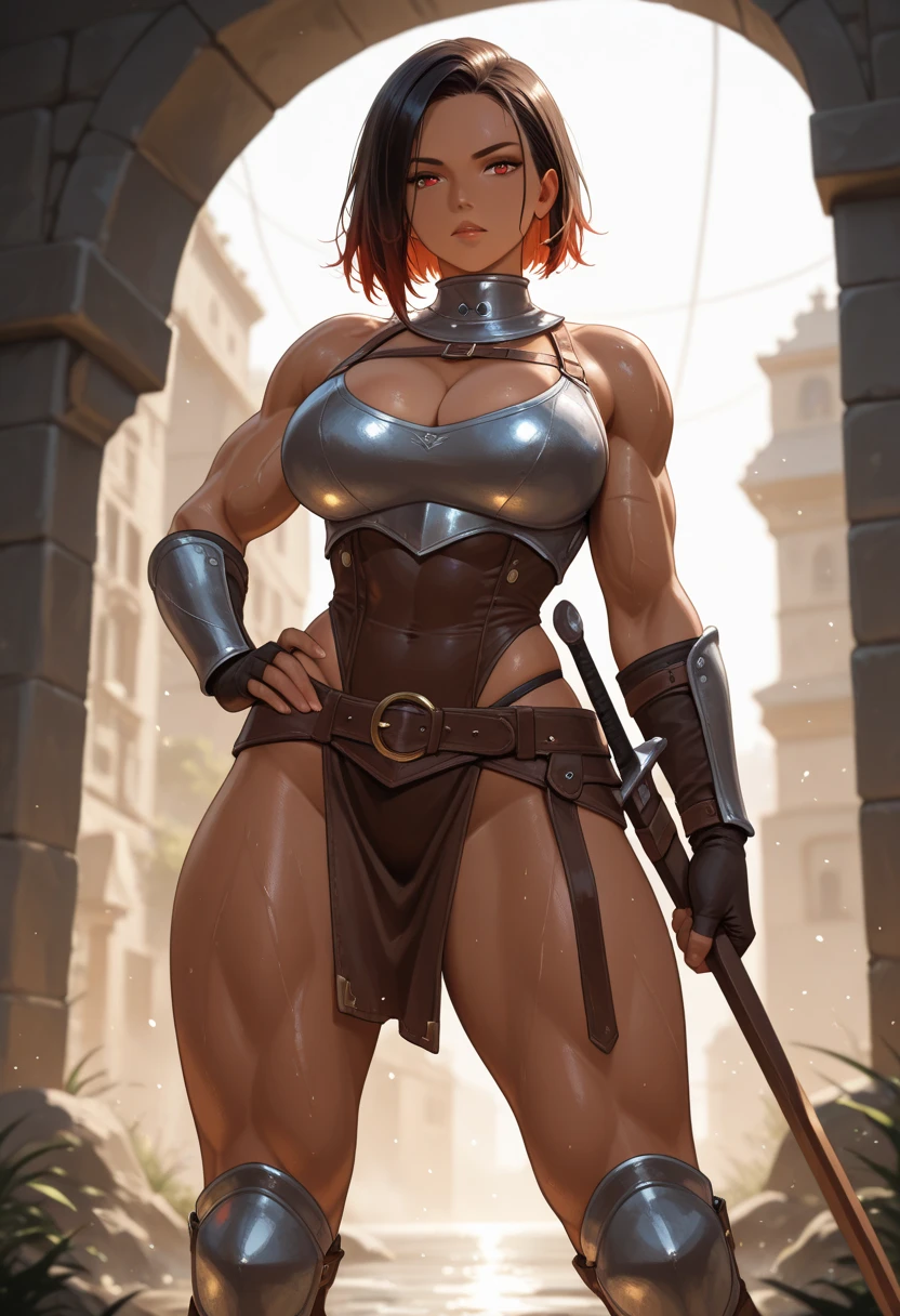 NSFW, ((Futanari:1.35)), ((full naked:1.2)), ((huge dick:1.2)), (RAW photo), (Realistic), (photo-realistic), ultra high resolution, masterpiece, highest quality, portrait, facial portrait, perfect lighting, detailed lighting, dramatic shadow, ray tracing, 1 slave girl, ((alone)), 15 years old, (((cute face))), perfect anatomy, Voluptuous, cleavage, symmetrical eyes, beautiful detailed brown eyes, big thick thighs, abs, muscle, (((below navel tattoo))), short messy hair, black hair, the high noon view of the ancient Rome Arena background, ((wearing a ancient slave costume)), kneeling pose, looking at viewer,