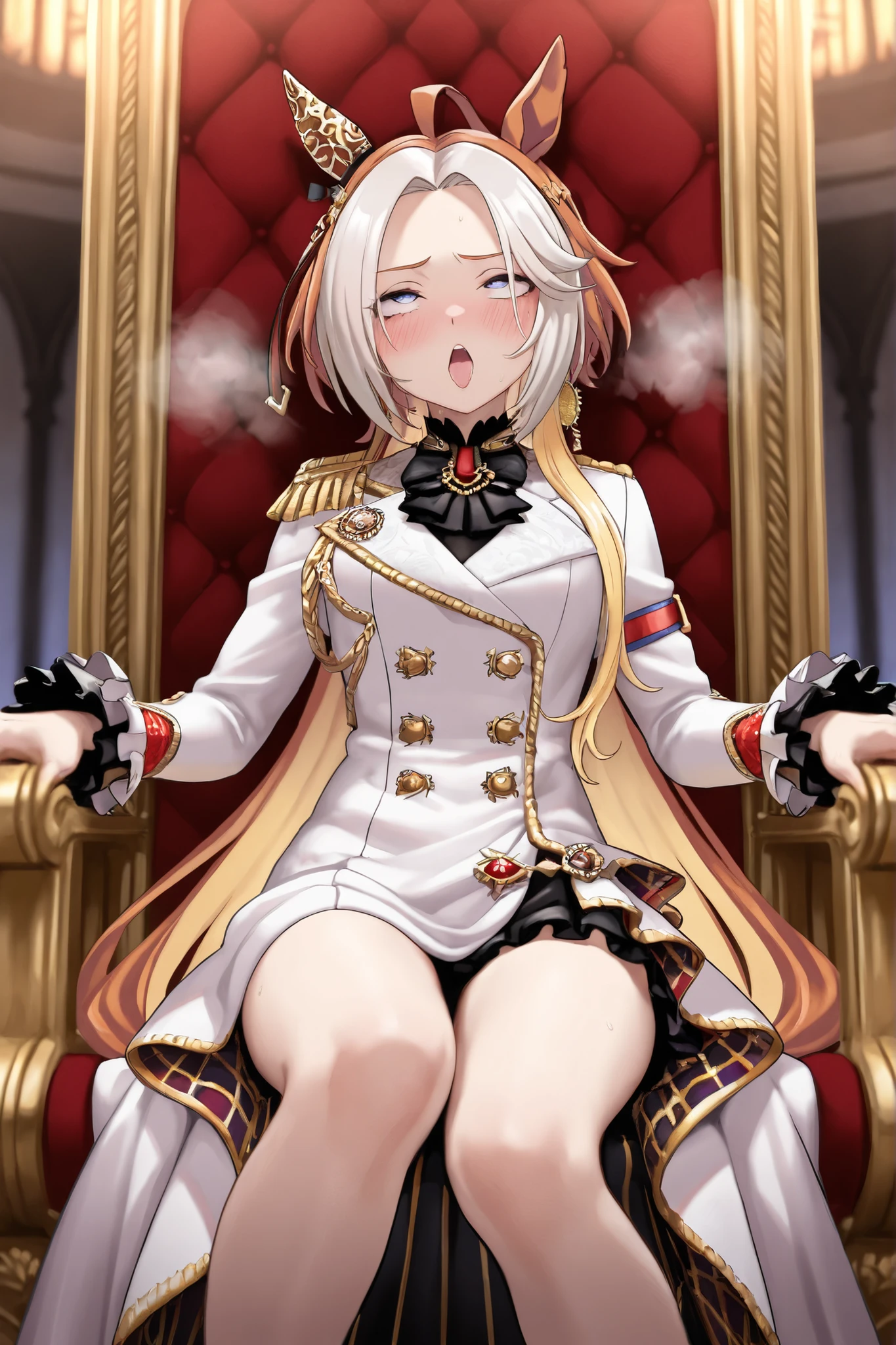 iwanaga kotoko tied to a chair, tied, bound, tied to chair, chair, bdsm, rope, spreading her legs to reveal her panties, sitting, cute girl, white panties, white dress, white beret, perfect ???????, sexy, ultra detailed, hdr, 4k, spread legs, fullbody, blushing, pervert, perfect proportions, blonde hair, white pantihose, short hair, drooling, wet panties, cuming, vibrator in panties, aheago, looking up, head tilted back, tired, sweating, blushing, cum, wet body, wet panties, unable to move, bound to a chair, bondage, pink vibrator in panties, pink vibrator on tighhighs, sex toys, fullbody