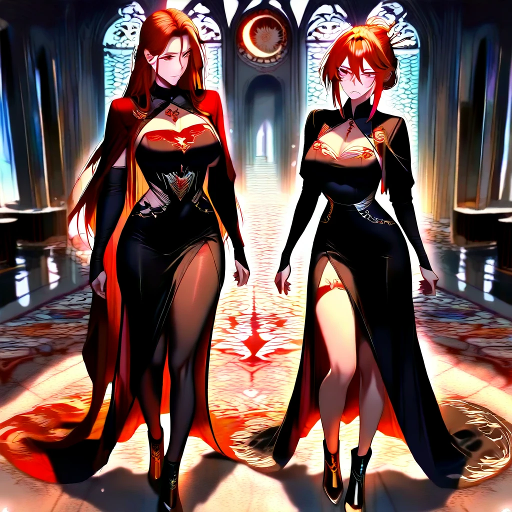 Hot princess with red hair ,using magic, standing in a black dress with big breasts, Magic with blue color is yellowed,
