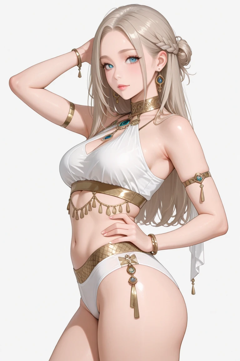 1 girl,tall and strong,perfect female figure, eyes looking at camera.(Amazonian indigenous female, dark skin, Original tattoo),long white hair, (Skins Cape,Skinandage wrist guardeather necklace,serious expression, standing in forest,Rainforest,Ray tracing, topless, breast