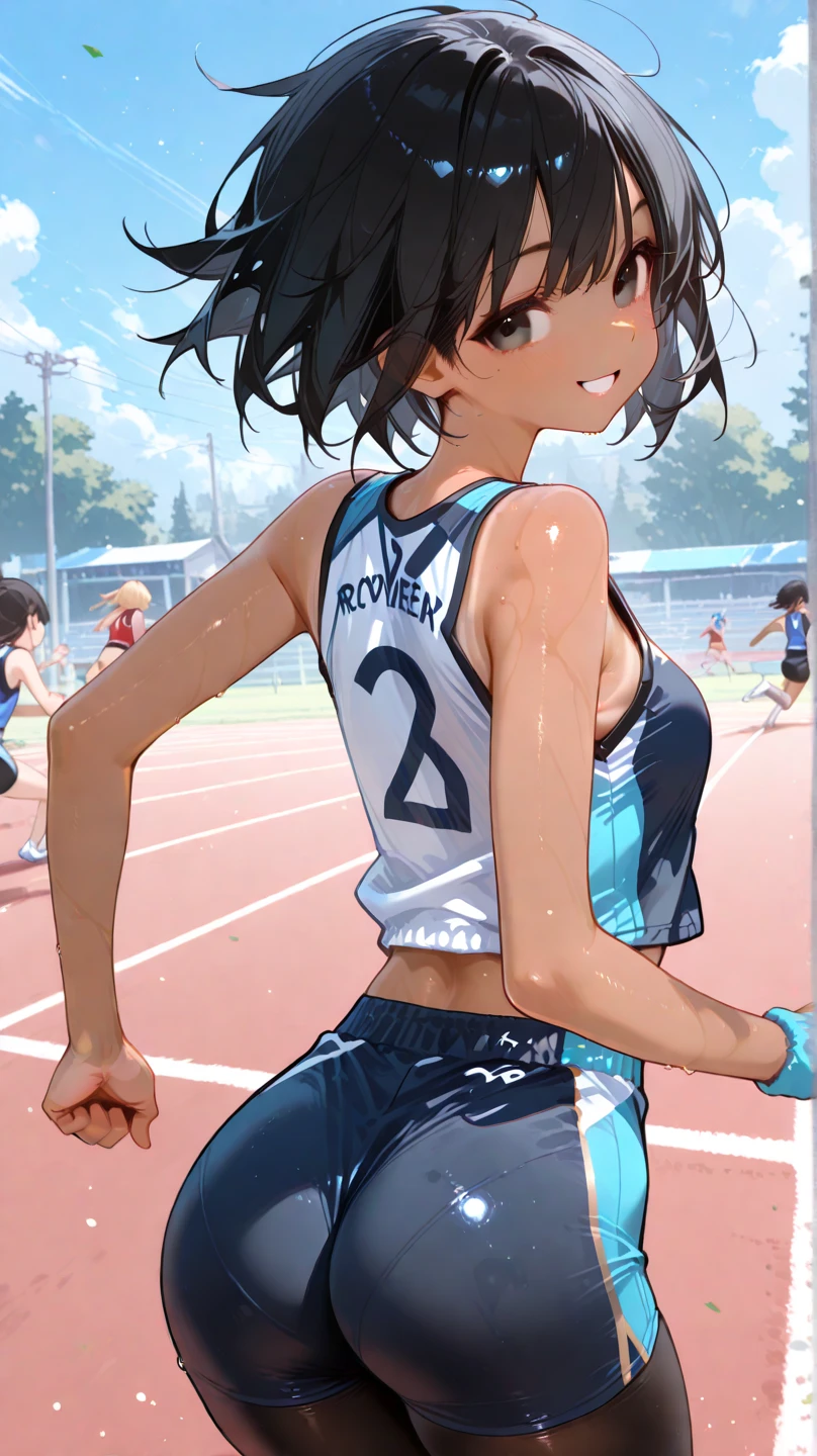 (((highest quality)), ((masterpiece)), (Very detailed), (Very high resolution), (Beautiful detailed sparkle), ((Anatomically correct)), (Ultra-high-definition CG)), ((Realistic)),
8k, Anime 2D Rendering, Ultra-detailed art, Perfect Line Drawing, Beautiful line art,
One Woman:1.5,
(Symmetrical facial features:1.4, Perfect Face), Beautiful clavicle, (Beautiful fingers, Five perfect fingers), (((Beautiful breasts, Slightly smaller chest))),
Beautiful body, Beautiful thighs, Beautiful feet, Perfect round butt, (((Detailed skin, Textured skin, Beautiful shiny white skin))),
BREAK
(Baby Face, cute, 18-year-old),
Double eyelids, Natural eyebrows, Long eyelashes,
(Expression of fine eyes, Beautiful and delicate eyes, Sparkling eyes, twinkle in the eyes, blue eyes),
(Beautiful Nose,Thin Nose),
(Glossy Lips, Beautiful Lips, thick lips),
(Beautiful Hair, Shiny Hair, Shiny Hair), Hair fluttering, (Blue Hair, blunt bangs, Short hair with outward curls:1.4),
BREAK
(track and field uniform:1.4)、Star-shaped earrings、
BREAK
(Enchanting、Embarrassed expression、Laughing expression), (Character Focus、breast focus), (look back、Look up here)