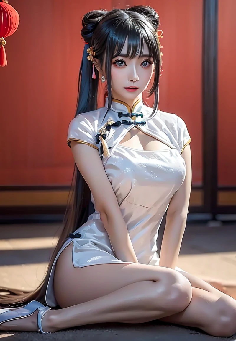 Realistic photo of cute woman, uneven twin tails, light makeup, huge breast size, smile a little, wear a cheongsam, full body shot, Clear facial features with sharp, realistic details, Sony FE, 35mm, cinematic lighting, advanced details, UHD, high quality, HD, 8K, 16k