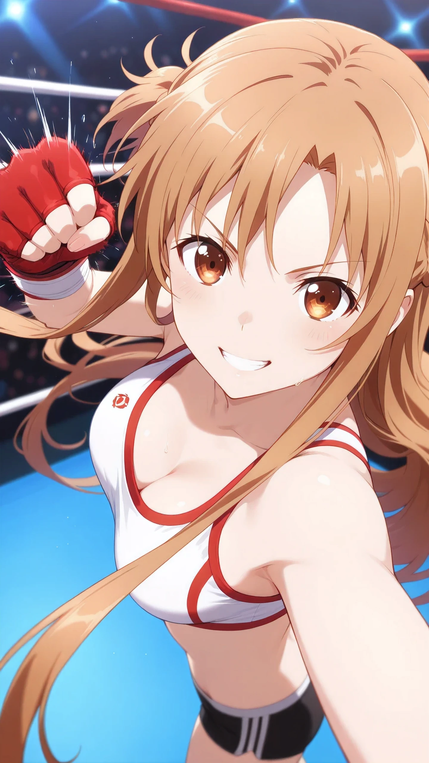 asuna_\(sao\), long_hair, brown_hair,  brown_eyes, solo, Detailed eyes, white sports bra, black boy leg underwear, black fingerless gloves, thigh, cleavage, medium breast, serious grin, looking at viewer, Detailed eyes, Detailed face, portrait, face focus, from above, from side.

punching, hook punch, clenched hand, motion lines, motion blur.

indoor boxing ring, spectator seats, spot lights, depth of field, best quality , masterpiece.