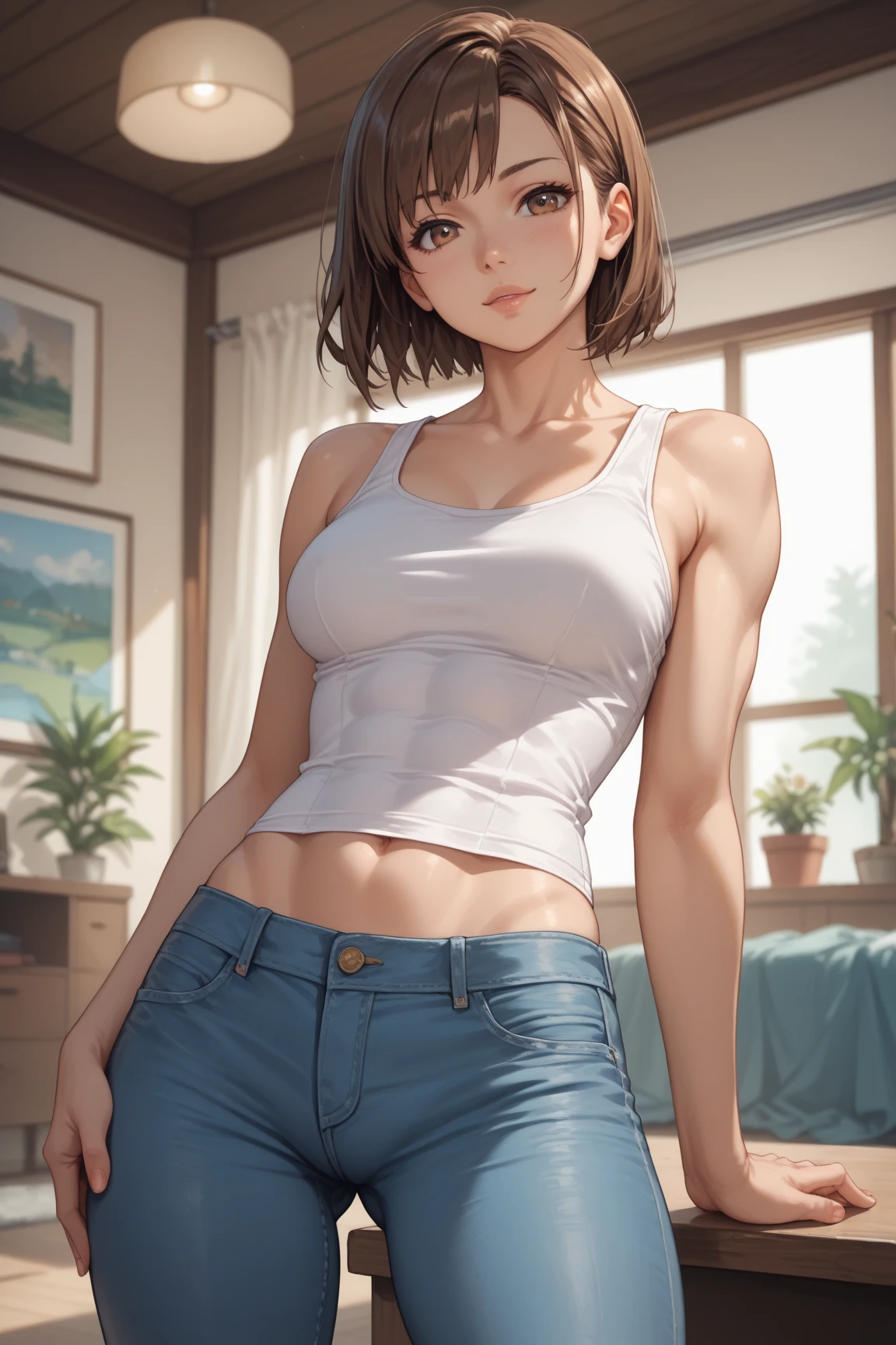 walk in the park, masterpiece, highest quality, (maximum resolution: 1.2), (Ultra HDTV: 1.2), cinematic light, Ultra HDTV, (detailed eyes and skin), (detailed facial features), 8K resolution, sharp focus: 1.2, perfect body, Anatomically correct, beautiful face, double eyelids, thin eyebrows, natural lip color, 25 years old lady, cheeks are red, slender body, small breasts, smile, pretty earrings, tanktop, short pants,