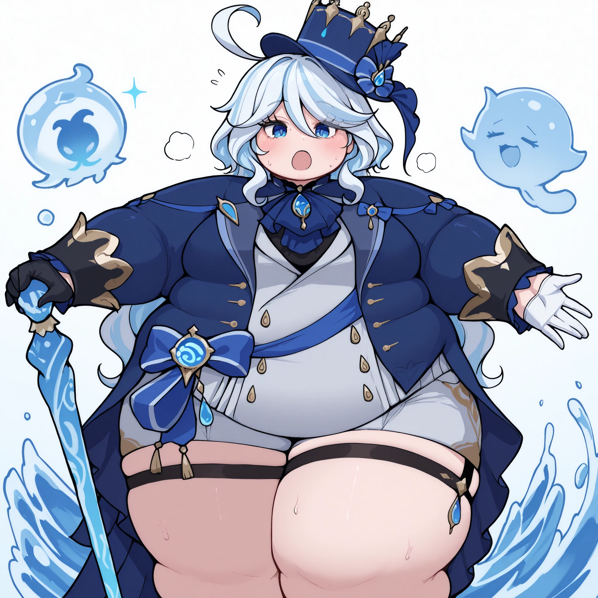 masterpiece, best quality,
furinagen, 1girl solo, blue eyes, long hair, bangs, hair ween eyes, multicolored hair, two-tone hair, streaked hair, white hair, light blue hair, ahoge, hat, top hat, hat bow, blue bow, blue headwear, tilted headwear, ascot, blue ascot, jewelry, brooch, shirt, grey shirt, coat, blue coat, long sleeves, open coat, open clothes, gloves, half gloves, white gloves, black gloves, ribbon, blue ribbon, frills, vision (genshin impact), shorts, short shorts, grey shorts, gemstone, blue gemstone, thigh strap, cane, holding cane, magic, water, spell, bubbles fat, chubby, obese, gigantic arms and legs, large breasts open mouth, out of breath