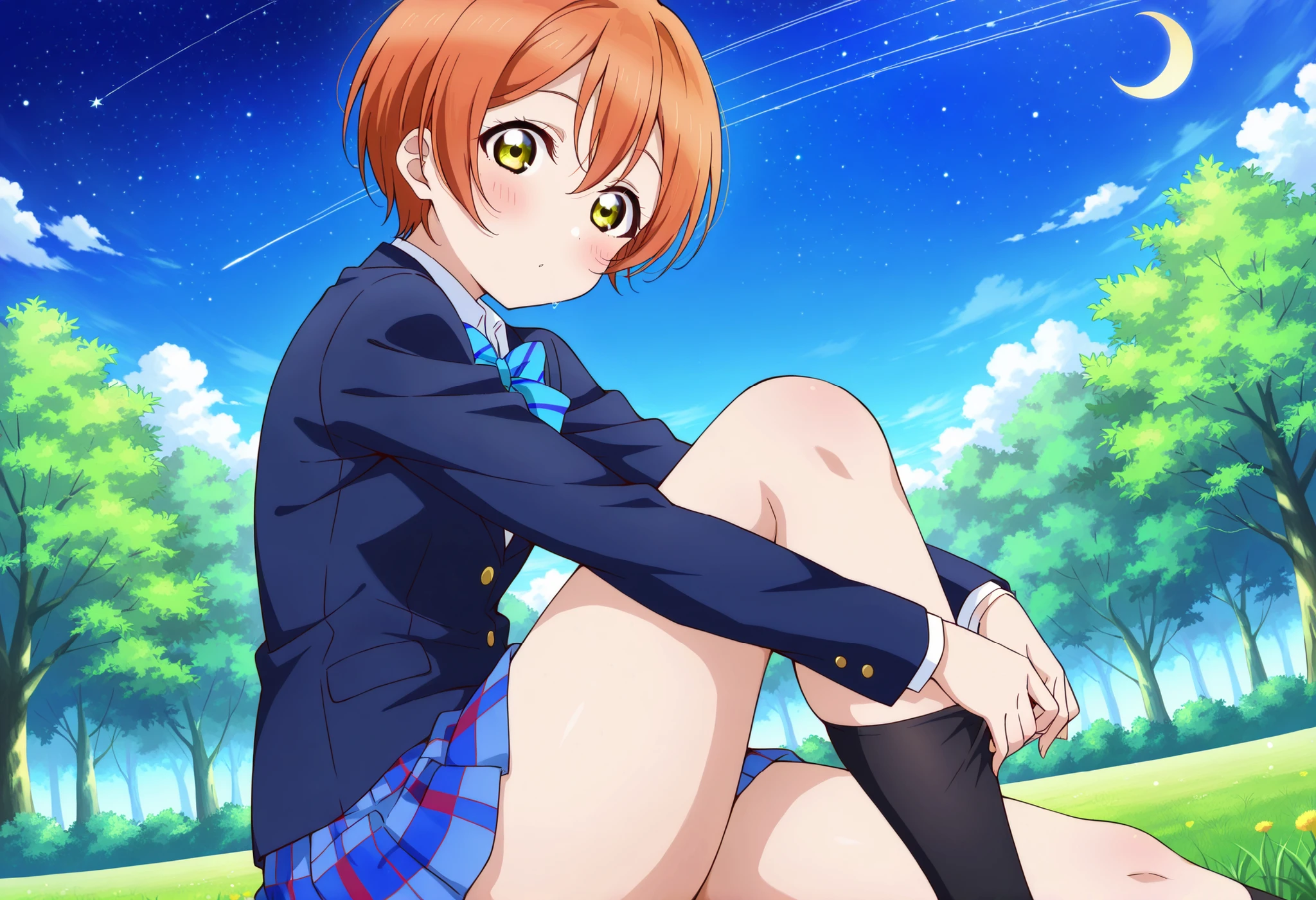 1girl, hoshizora rin, striped, short hair, blush, otonokizaka school uniform, lovelive_rin black blazer, blue plaid skirt, blue stripe bowtie, orange hair, very short hair, hair between eyes, yellow green eyes,thick thighs,crescent moon, stars (sky),looking at viewer,outdoors, sky,grass,tree,knee up
