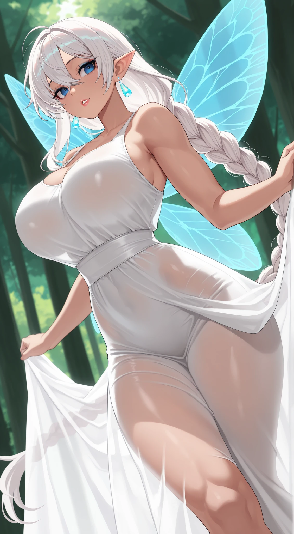 long shot, A beautiful 30 years old woman with gorgeous face, west European beauty, white skin, massive breasts, walking in tall grasses, wearing white sheer see-through babydoll, cleavage, long shiny black hair, black shiny crown, bright lighting, highly detailed, 8k, masterpiece