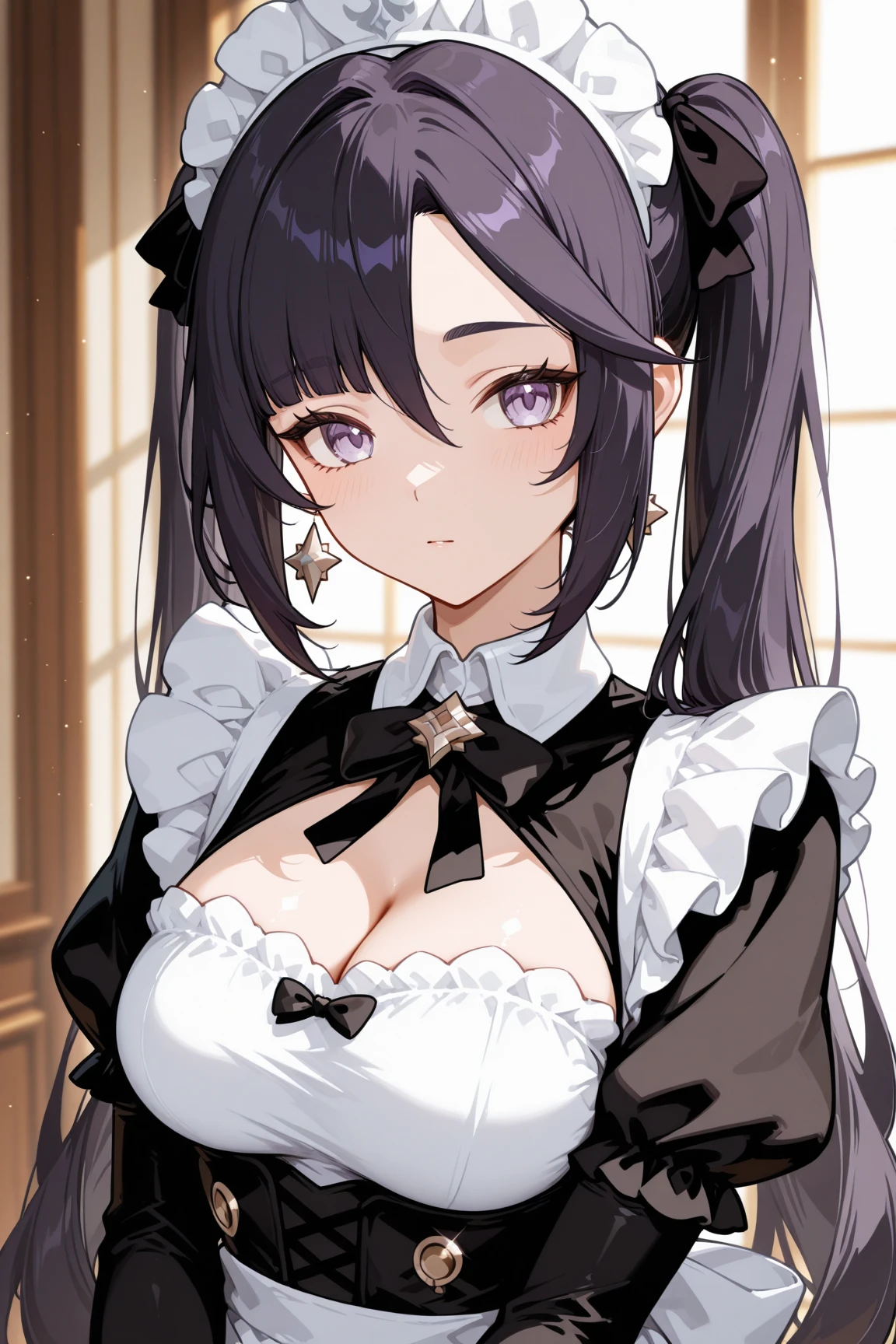 (Original Character、Unity 16K Wallpaper, Masterpiece, Best Quality, Ultra-Detailed, Extremely Detailed CG, Caustics, Cinematic Lighting, Detailed, Beautiful Detailed Eyes, solo,sexy women), Ultra High Resolution, fine skin, ((maid, maid apron, maid headdress,)), (strong light)、oily skin,curby:1.2,,cowboy shot,sexy women,short wavy hair, above chest:1.2,little devil face,large breasts,accentuate the chest、housework、pigtails