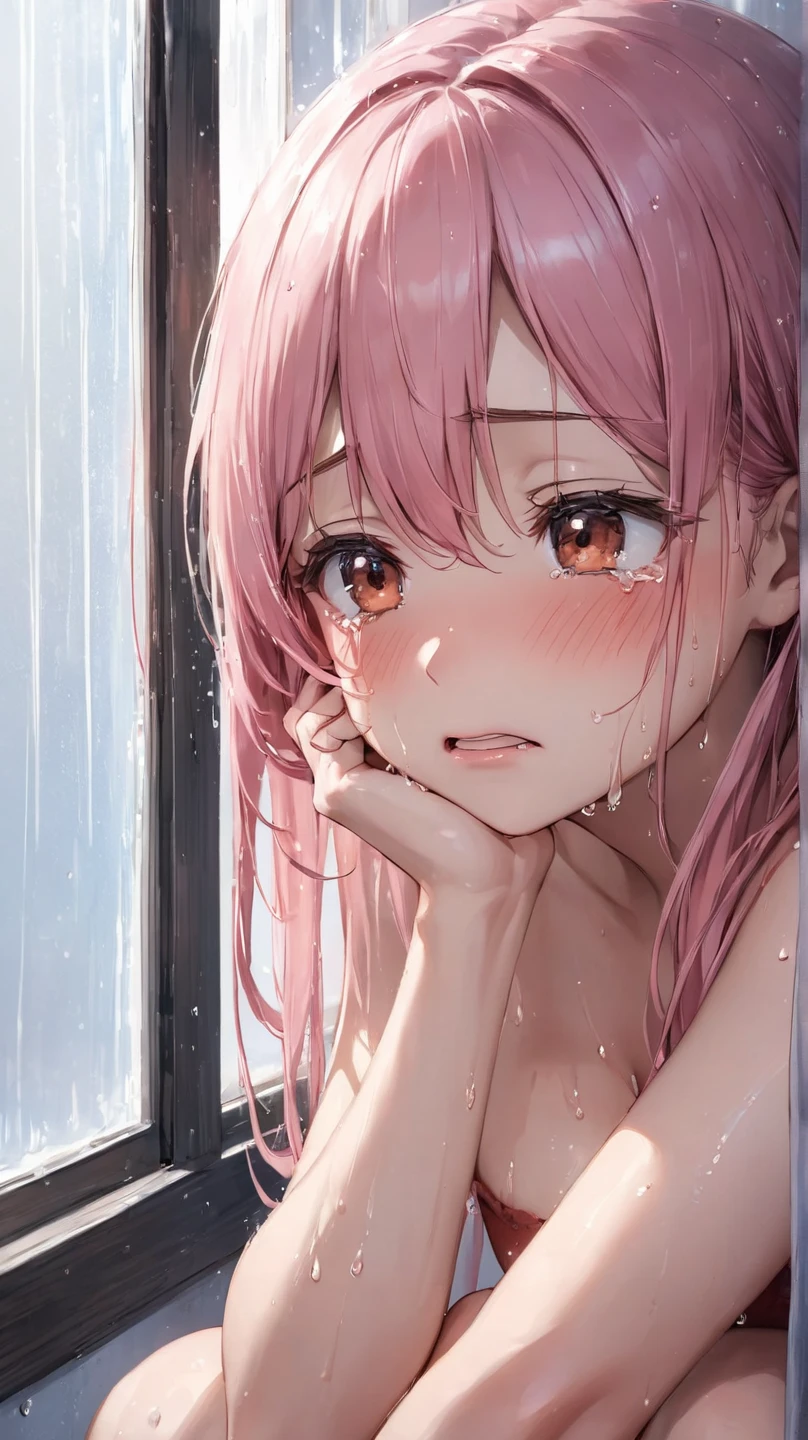 (((nsfw,  close-up Facial))) ,(straddling), BREAK 1 girl, 18 years old, (closed eyes),(((embarrassed, aroused, seductive, in heat, orgasm,blushing,be breathless, very humid,steam))) , BREAK ((pink-hair)), ((side-ponytail)), (small breasts:1.6) ,((sweaty skin, dripping , girl trembling with sexual climax, cum in pussy,  pubic hair)) ,slender weist, Glamorous lower body, feminine, slightly muscular, ((((all-fours),Dynamic Pose,Dynamic Angle,((1 boy:Grabbing a woman's waist)),(SEX),(doggy style),((Doggy sex)),A detailed face,Beautiful expression,beautidful eyes,is crying, pubic hair))), BREAK (((darkgreen-unpatterned-Short-Sleeve-jacket over White-camisole, bottomless))), BREAK (((In a Barn))),(masterpiece), (realistic), (best quality), (ultra-detailed), amazing, ((high detailed face)) , collarbone, highres , (ultra detailed), smooth, 16K, vibrant colours,vaginal,sex,