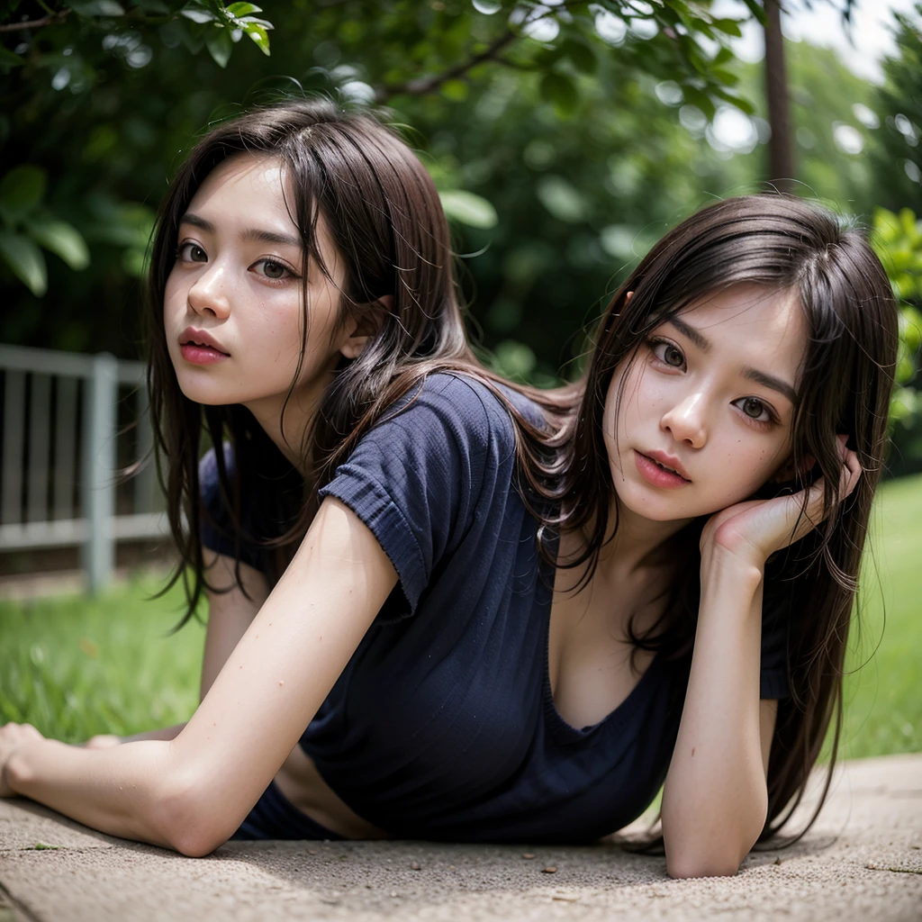 Identical twin sisters、(8K resolution,Above the thigh photo,Horizontal photo of a person sitting on their knees),(1 Female,20-year-old,((Thin-boned face,face of change,Sloppy,Detailed face)),(Disheveled long hair),(Praying Eyes,Looking into the camera),rough, broken skin,(Covered in dust and dirt),Barren Chest,(Dirty sleeveless t-shirt,(Torn clothes,Clothes covered in dirt,No corset),(Worn shorts),(Slim body),Lug Strip for Handguard,Skinny body,(Dirty body,sat on the ground),Perfect hands,Ultra-fine clothing material),((Cliff Ruins,Ruins of War,(Wall full of craters),Brutal War Survival,Trash everywhere,Exquisite environmental detail)),(Professional Lighting,Dynamic Lighting),((The color is uniform,(White,Brown pubic hair,Color: Black,gray))),(Golden Ratio,Cinema Lenses,Hasselblad Photography,masterpiece:1.3),(Doomsday survival,Brutal War Survival,Artist,Art Platform)