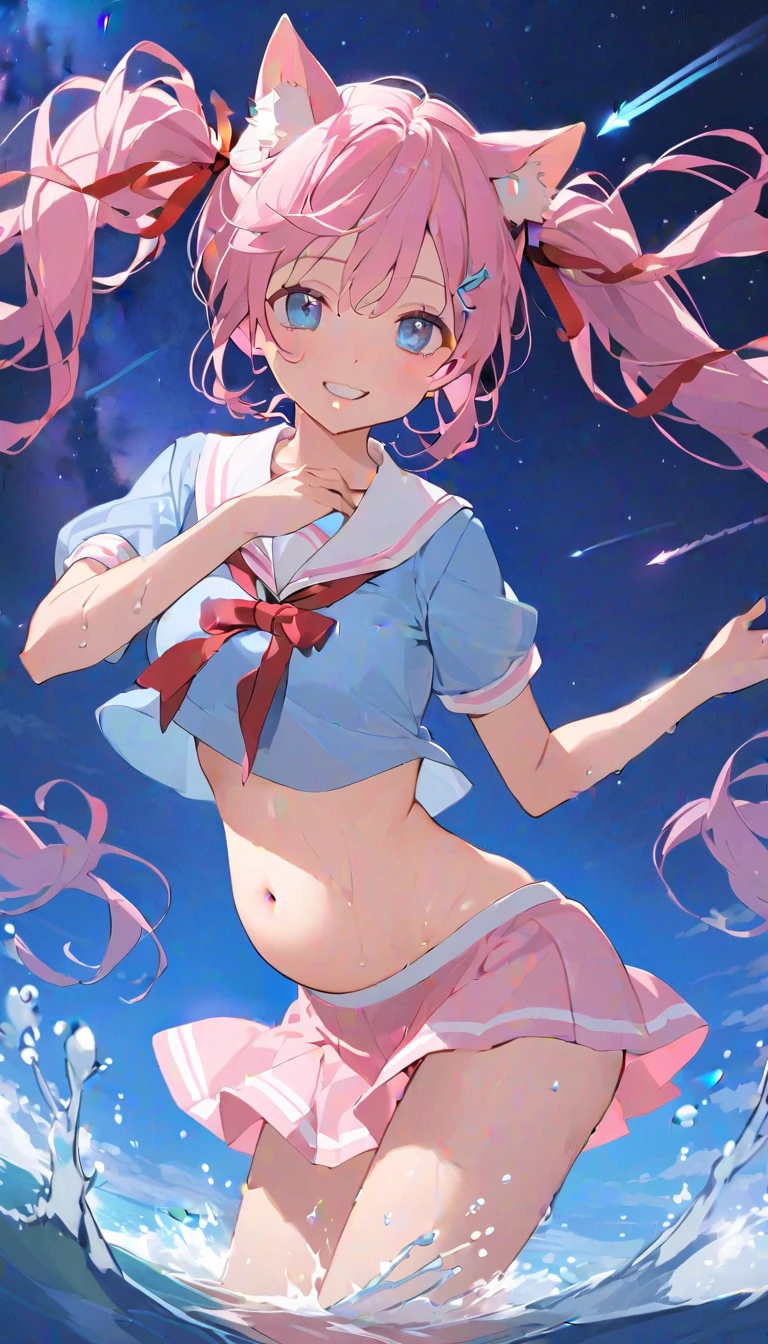 One girl、Beautiful girl in sailor suit、Cleavage、blush shyly、Splash、キラキラしたSplash、fantasy、My skirt was blown up by the wind、High resolution、8k