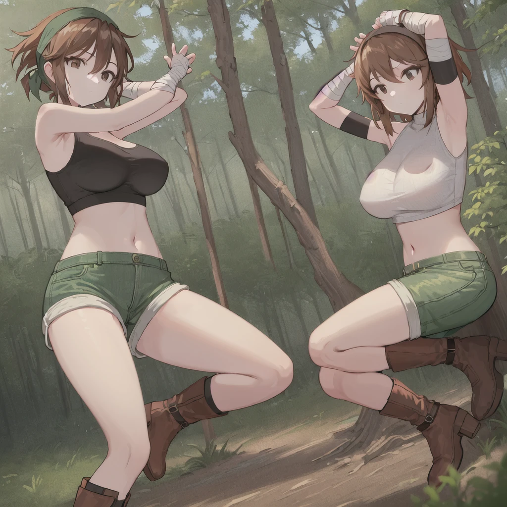 ((1 woman with brown hair,((medium breasts, bare breasts, erect breasts)),((brown pants, no blouse, bracelet, with boots, belt with a glue)),((brown eyes, happy face)), ((walking, facing the viewer)), in a forest with a view of a haunted city, at night)),