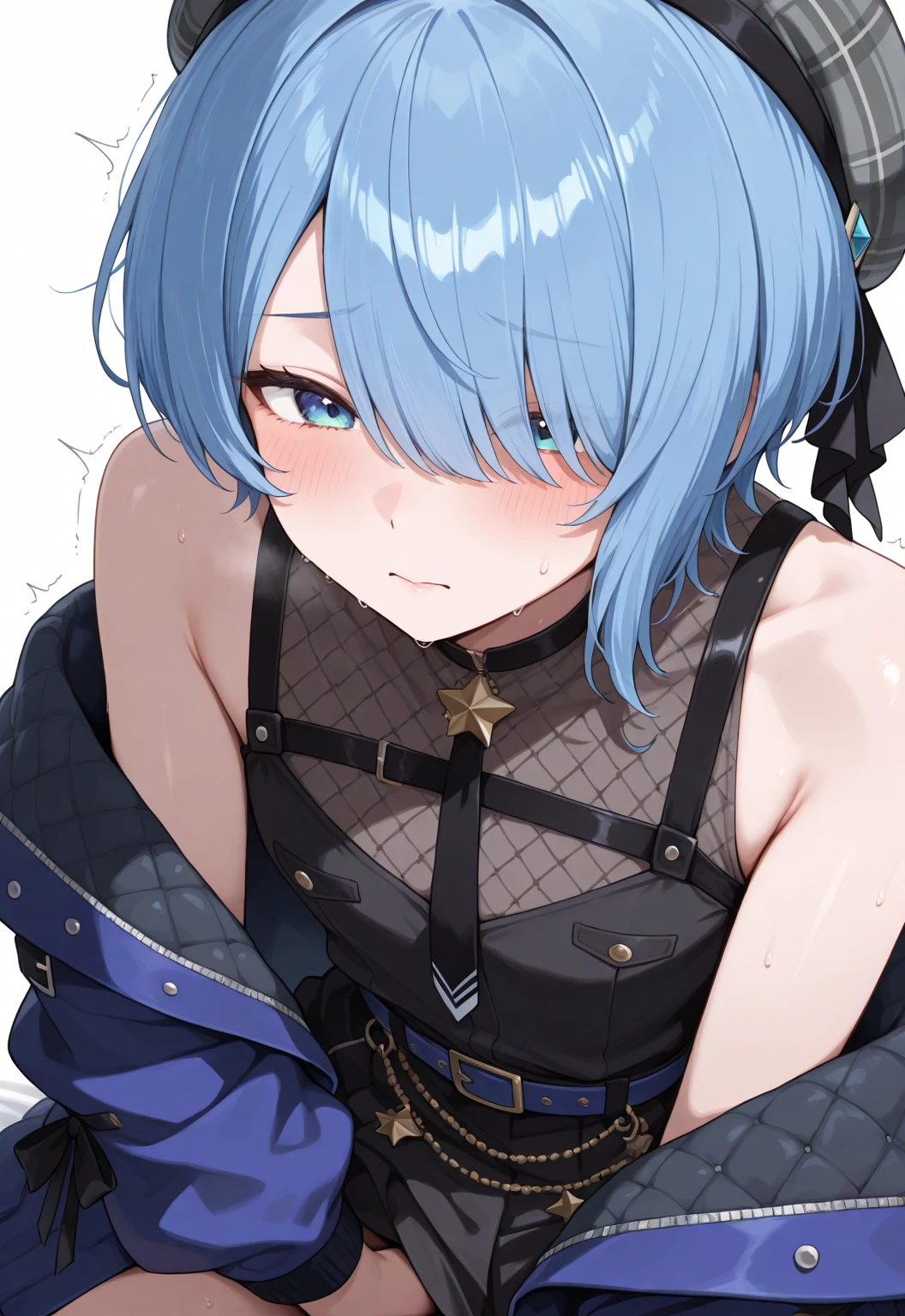 blue hair,blue eyes,short hair,jewelry hairband, short hair, bob cut chain, pet play, collar, full-face blush, embarrassed, lust:1.4,