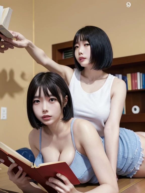 I want my model with Asian looks, blonde hair and a deep, sensual look, lying on a bed with glasses reading a book naked on a rainy day, showing the breasts well, with different perspectives of positions, realskin, royal face, texture skin, sharpens skin and skin details