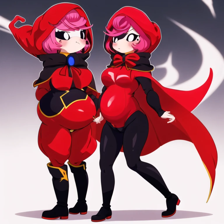 1girl, cape, full body, holding, red hooded cape, medium breasts, medium butt, pink hair, solo decently dressed, black tights, black tight pants, downed fur hood, tilted, high white boots, sexy, standing pose, hot sexy pose, pregnant round belly sexy