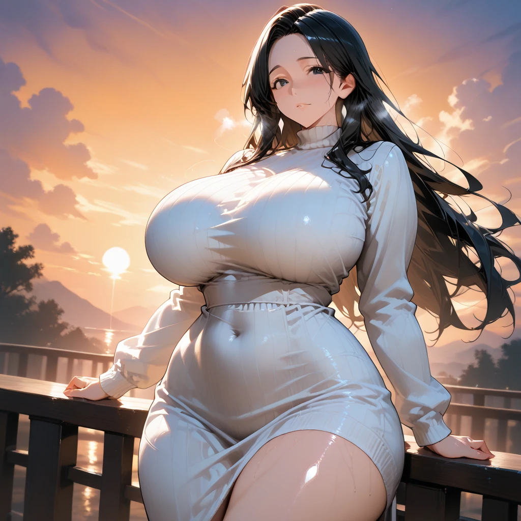 (Art: 1.2), (best quality: 1.2) 1 woman, mature, tall (1.85), She appeared to be around 28 years old, had long black hair, straight and shiny hair, green eyes, extremely detailed, perfect eyes , extremely realistic eyes, well-aligned eyes, long eyelashes, anime style, perfect face, milf face, full lips, smiling, mature, clear skin, natural body, sexy body, MILF body, hands on waist, perfect hands, detailed hands, hands well proportioned to the body, realistic hands, arms with good anatomy, she wore a greek blue woolen pullover, the woolen pullover still couldn't hide her extremely large and huge breasts that were hanging down due to her size, thick thighs, wide hips, Looking at the viewer, background, she also wears jeanspants, scenery, scenery at a greek viewpoint on the edge of a lake, in the background posing the setting sun, alone Looking at the viewer
