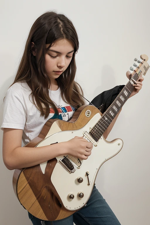 Cute young girp, 13 years olld, long hair, big breast,no clothes, holding a plain light blue sky maple stratocaster