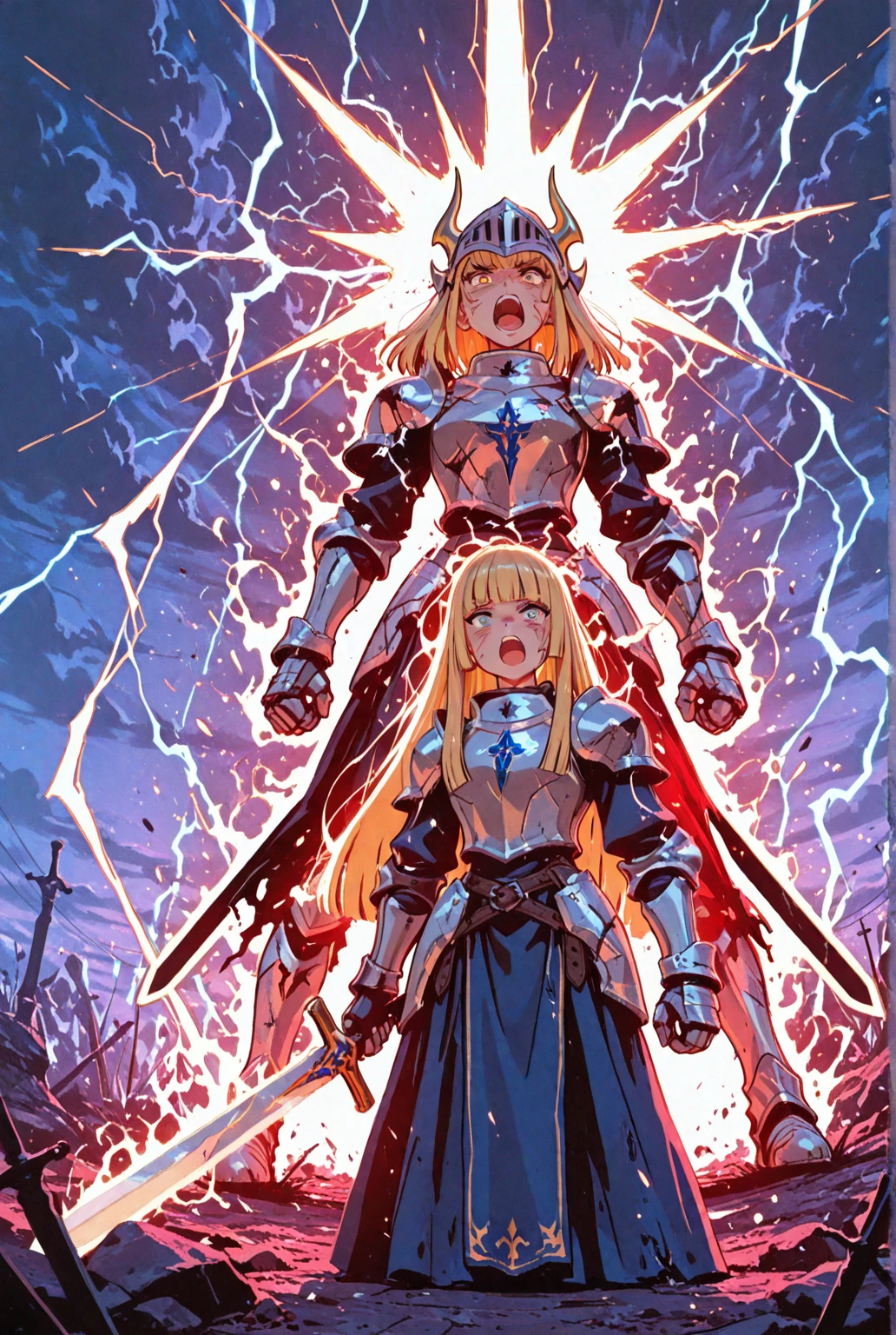 fantasy art, RPG art, Dark fantasy art, ultra wide shot, RAW, photorealistic, a picture of (1single: 1.5) female human ranger, the ranger, an exquisite beautiful human woman, long blond hair, braided hair, green eyes, wearing leather armor, wearing (red cloak: 1.1), armed with a (sword: 1.3), wearing laced boots, standing in a dark forest at night, (mist rising from the grounds: 1.3), a sense of dread and fear, yet she stands defiant and fearless, dark fantasy forest background, best quality, 16k, [ultra detailed], masterpiece, best quality, (ultra detailed), full body, ultra wide shot, photorealism, Sword and shield, dark novel