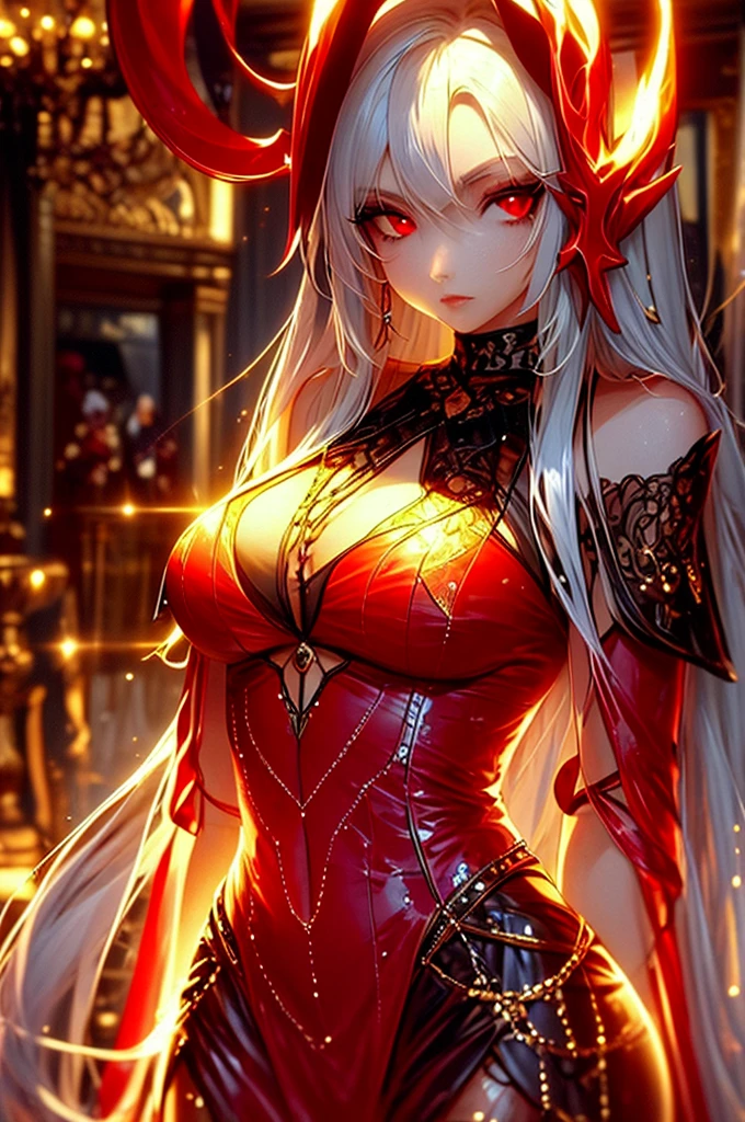 (masterpiece, top quality, best quality, official art, beautiful and aesthetic:1.2), Extreme detailed, 2 Sexy Demon, 1 girl, large breasts, nipples, (very long horns:1.6), flames around, glowing body, sexy, , Colorful, Highest detailed, Cold light, 