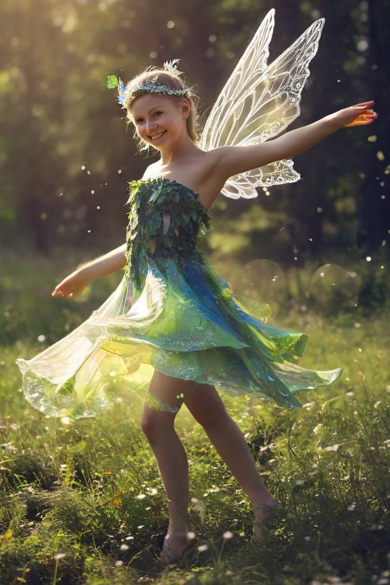 fairy girl, small, Detailed face, dressed in green, with long transparent wings, flying, in a magical forest of many colors, There are many colorful fireflies