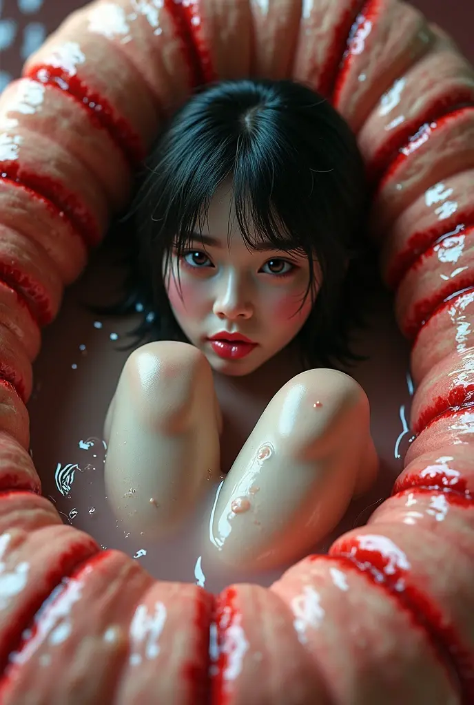 (best quality:1.2), masterpiece, Realistic, Ultra-high resolution, (((a beautiful Japanese idol 12 years old woman:1.2))), ((Gaunt:1.3)), (((Very flat chest:1.4))), ((Baby Face)), villainess, ((arms up)), (show me your armpit:1.2), ((tip of sausage touches her armpit:1.4)), (((She has condensed milk poured all over her body:1.2))), completely nude:1.2, ((Armpits are wet and shiny with sweat)), She has skin that sweats easily Soaking wet, Sweaty, ((I can see my pores:1.4)), ((Painful expression)), ((Put a very long sausage in your mouth:1.3)), (torture chamber, prison:1.5)