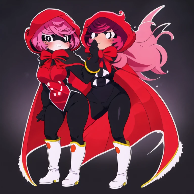 1girl, cape, full body, holding, red hooded cape, medium breasts, medium butt, pink hair, solo decently dressed, black tights, black tight pants, downed fur hood, tilted, high white boots, sexy, standing pose, hot sexy pose
