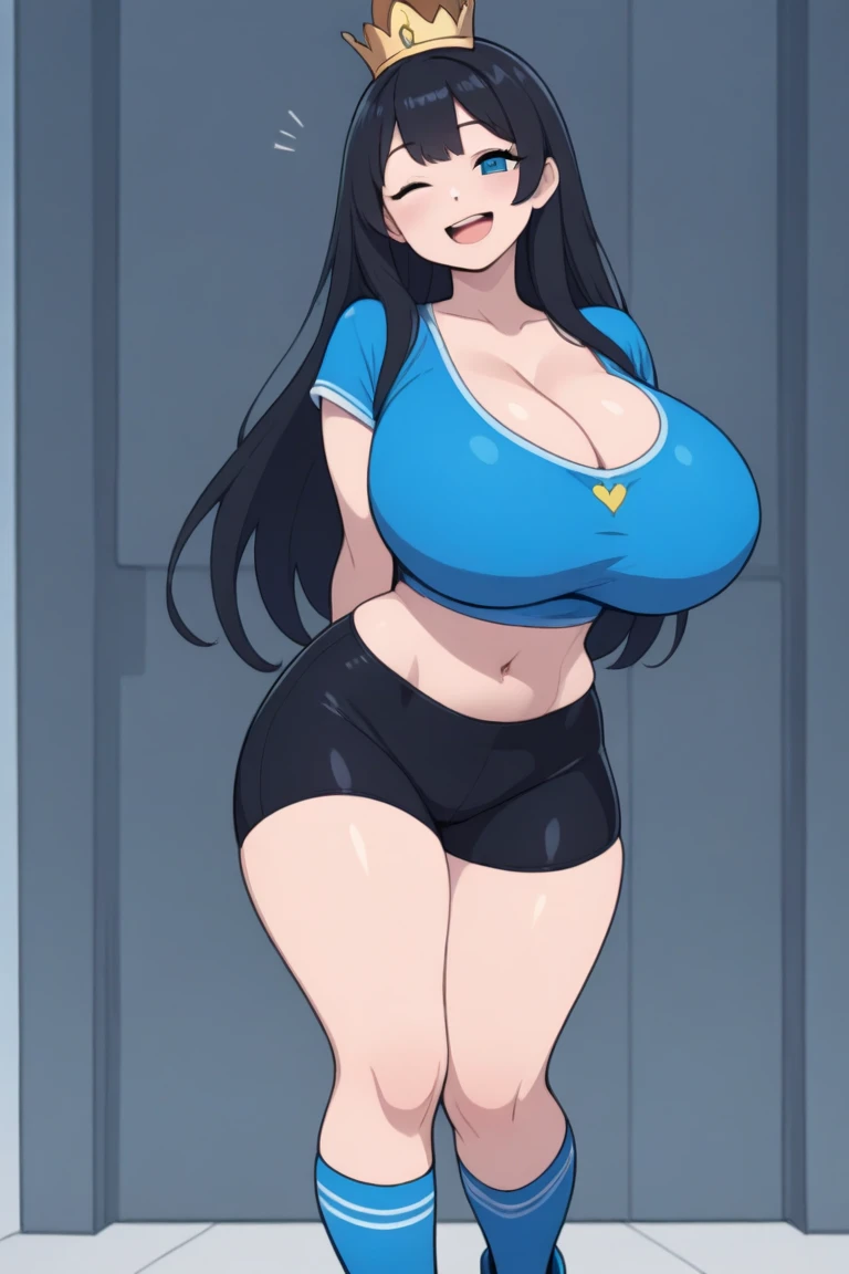 (Very high quality, detailed, full body) An image of a pregnant girl wearing a sports bra, very thight shorts and glasses, she's standing barefoot and has very big breasts, long hair and a pretty thick body. She has her hands on her belly and her belly is uncovered