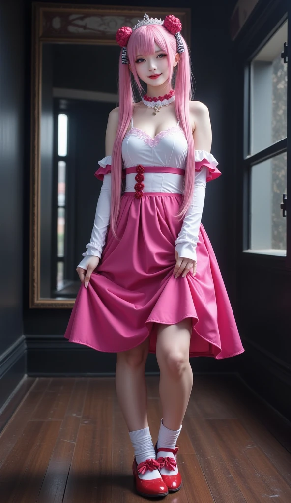 A beautiful bound girl with a focus on pretty and elegant clothes、Cat Ears、(pink hair)、(long hair)、((pink eyes))、((long skirt, pleated skirt, pretty skirt)) 、high quality、best quality, swept bangs, arms behind back, (((rope, shibari, bound arms, bondage)))