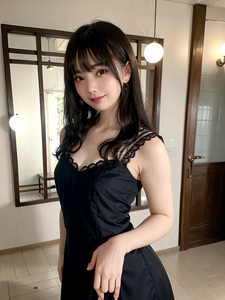 (masterpiece:1.5),(highest quality:1.5),(Highest quality:1.5),(8K:1.5),(Watching the audience),(Big Breasts:1.3),smile,(locker room:1.2),(Black lace dress:1.2),Slender,Narrow waist,Beautiful and thin legs