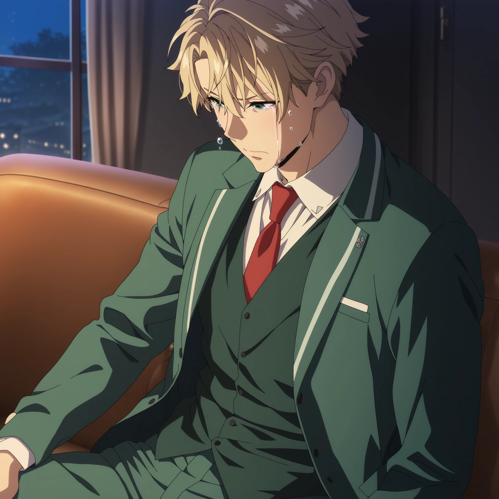(best quality,4k,8k,highres,masterpiece:1.2),ultra-detailed,realistic,,anime,pastel colors,soft lighting,shiny skin, posing, night, warm ambiance
soufrie,,,,,,, , (1man) ,loid_forger, best eyes, white collared shirt, red necktie, dark green vest, green blazer, green pants
rezero_style, anime screencap,, ) ,
,,,,,, indoor, ,,, living room, , ,,, , , beeing touched, crying, close up , sit