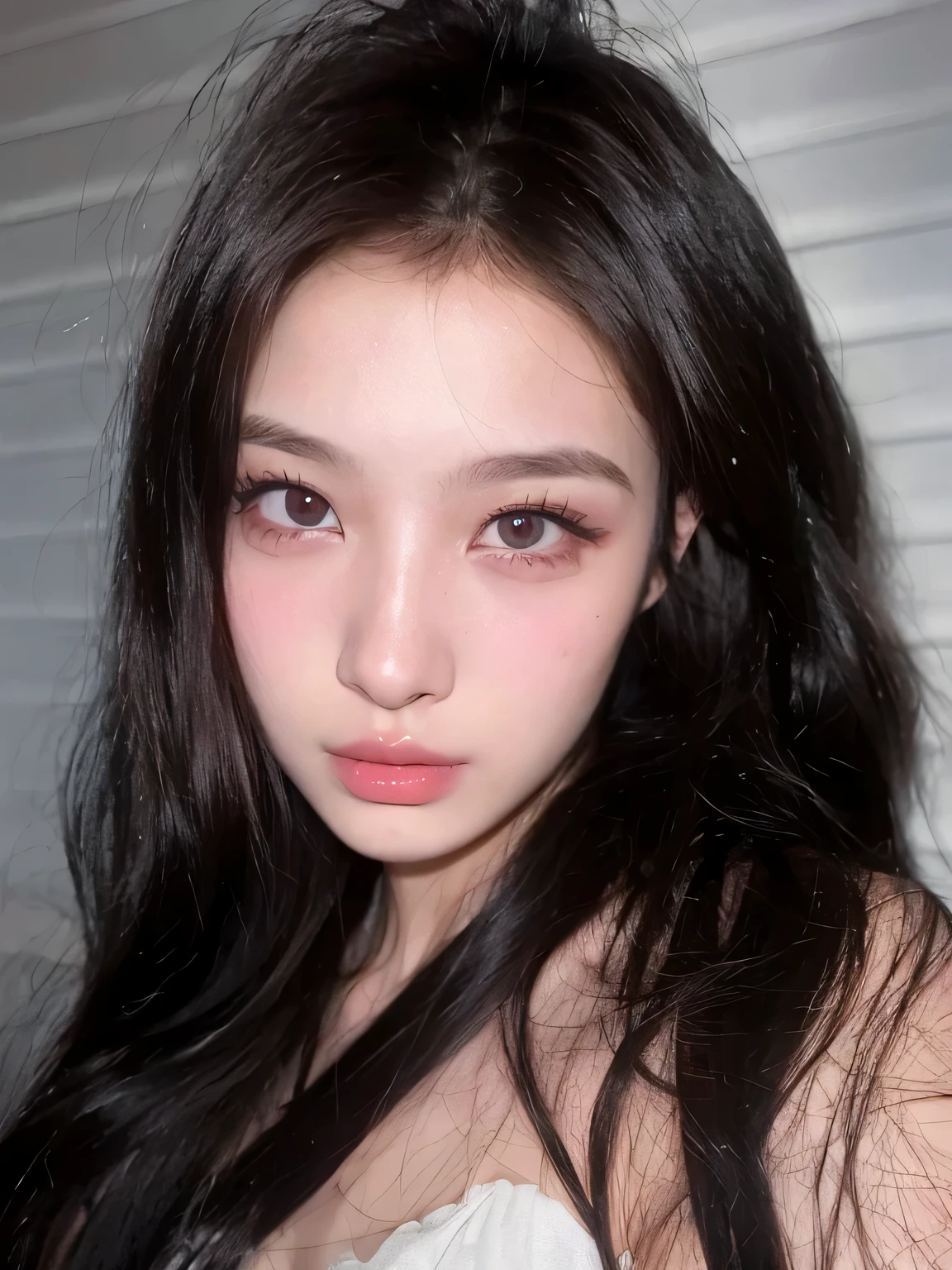 There's a young woman with long hair posing for a photo, 19-year-old girl, clear lips and high quality, small lips pointy nose, 🤤 retrato da , 1 8 I, coreana, Yoshitomo Nara, Sakimichan, 2 2 anos, Ulzzangs, Fotografia selfie 8k