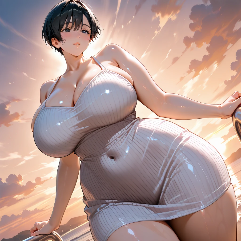 (nsfw,)(sonoda chiyoko\\idolmaster\\,bun_head,shortcut twintail hair,,gigantic breast),((solo girl)),((Perfect body,))((Super beautiful,))((High quality,))((Heavy breathing,sweat, Sweaty and wet all over,)),backlit,shiny glossy,gigantic breast, Looking at Viewer,((Beach side, sexual white school swimwear, sexy white school swimsuit, cowboy shot,)),Smile,((Turning your back to me, sticking out your butt,))She turns around with her back to me, sticking out her butt,from back view,Directly behind,After sunburn,shyly,