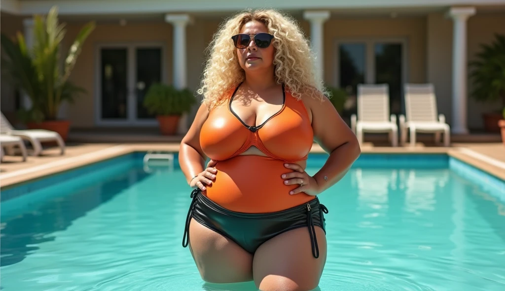 extremely detailed, high quality, realistic, photorealistic, 8k, masterpiece, full body, glowing skin, beautiful face, mature woman, high cut microbikini, extreme thin bikini, too small bikini, too big woman for tiny bikini, teardrop bikini, open legs, over 50 short blonde hair, lot of freckle on her whole body, freckle everywhere, glasses, extreme obese, sensual pose, extreme huge belly, bellyrolls, huge thighs, sweaty, cellulite, ssbbw, ussbbw, extreme cellulite, cream on body, stretchmarks, gigantic saggy bottom, huge flat ass, cameltoe