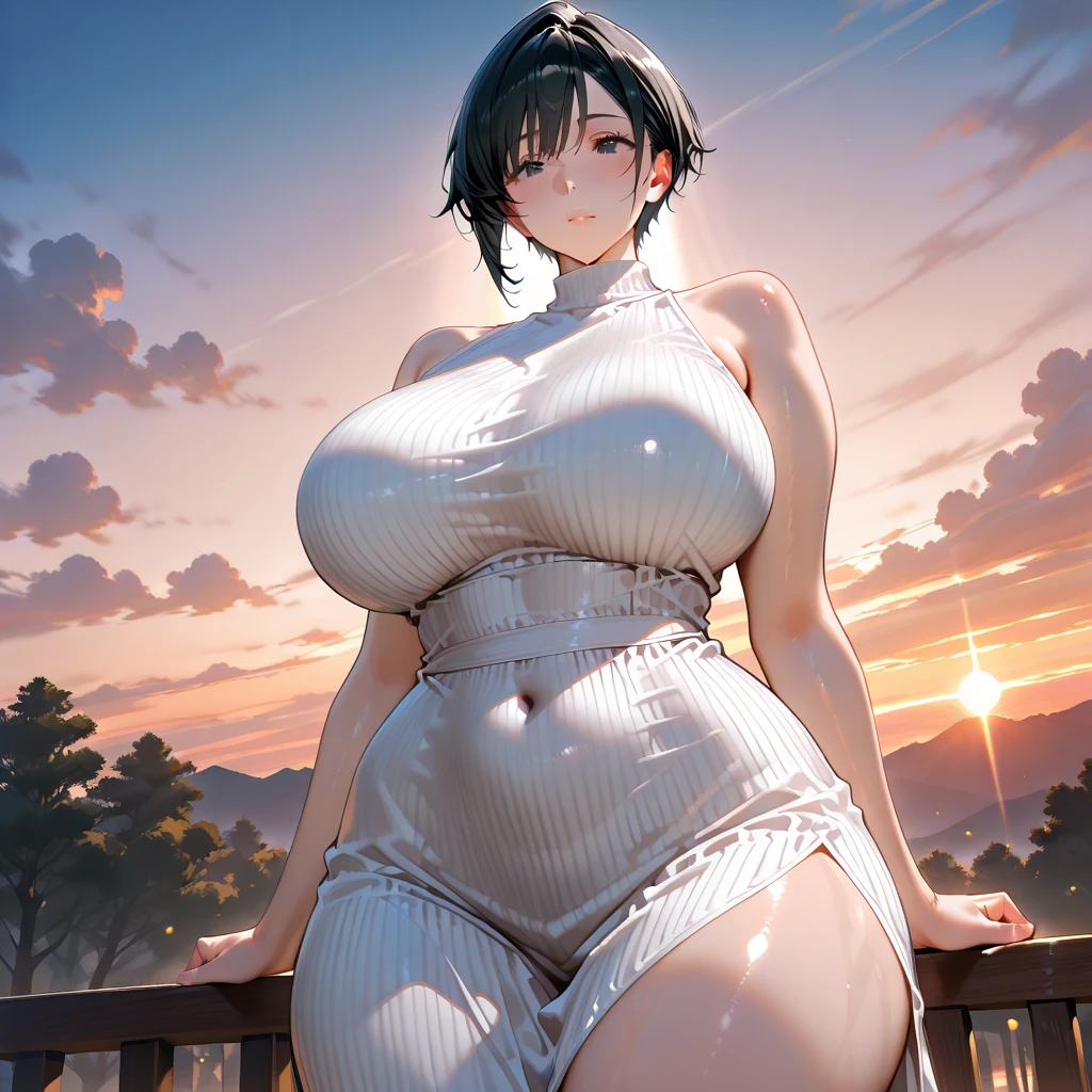 (masterpiece, best quality:1.2),((photoreal:1.3)),perfect anatomy,((solo:1.5)), ((alone:1.4)),((1 middle age woman:1.5)),((1 mature woman)),((MILF:1.2)),perfect eyes,Itsuki Shima, ((looking at viewer:1.4)),((horizontal angle:1.4)),((straight-on)),((face and body straight at the camera:1.4)),(view from the front,shooting from front,lighting from front),((small breasts:1.4)),(sagging small breasts),((Piutuary small breasts)),(muscular),((do not hide your crotch:1.4)),((cod lips)),((squatting:1.3)),((spreading your legs wide:1.3)),(holding your head high:1.4),((hands on hip bone:1.3)),((bare legs)),((bare arms)),((bare shoulders)),delicate and beautiful,blunt bangs,(angled bob cut:1.2),bowl cut,(dark purple hair),detailed hair,BREAK ((light grey long dress:1.3)),high heel,halterneck dress,sleeveless dress,