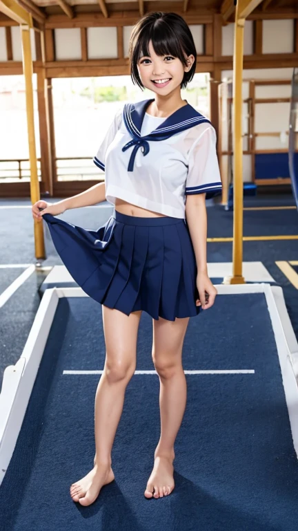 Realistic looking school girl with white hair and with gym clothes on