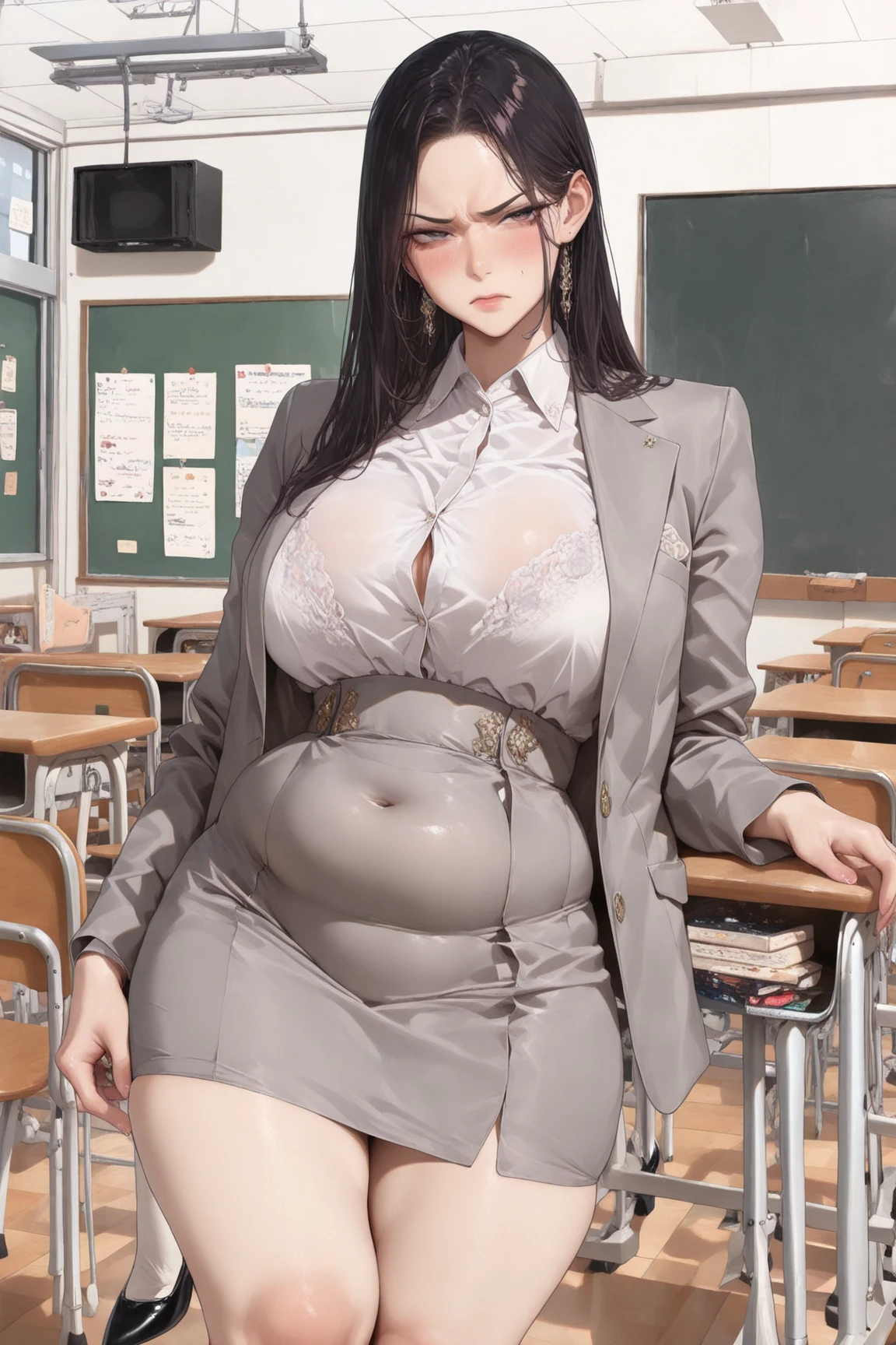 shunvstyle, 1girl, solo, long hair, breasts, looking at viewer, blush, smile, bangs, skirt, large breasts, shirt, black hair, thighhighs, long sleeves, hat, holding, jewelry, standing, purple eyes, white shirt, pantyhose, thighs, sweat, earrings, parted lips, necktie, shiny, collared shirt, black thighhighs, indoors, miniskirt, black skirt, sweatdrop, mole, huge breasts, uniform, lips, parted bangs, dutch angle, dress shirt, skindentation, makeup, thigh strap, thick thighs, half-closed eyes, lipstick, peaked cap, mole under mouth, desk, curvy, sleeves rolled up, breast hold, pencil skirt, high-waist skirt, mature female, red lips, pen, shirt tucked in, classroom, office lady, arm under breasts, chalkboard, bra visible through clothes, teacher, holding pen,