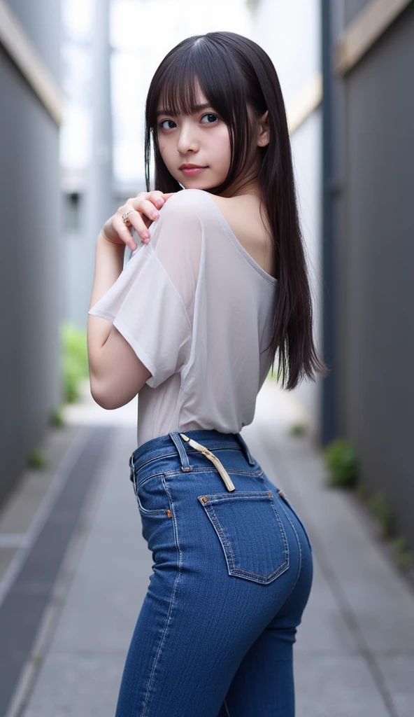 (hyuga Hinata, very sensual, with tight clothes, big-ass, legs thick, Wearing extremely tight jeans,  white T-Shirt, umbigo com pirsing, big hair, Speaker behind, very realistic, extremely sexy, 8K, 8K extremamente detalhado), (an extremely delicate and beautiful), (Masterpiece artwork), (best qualityer: 1.0), (ultra highres:1.0)