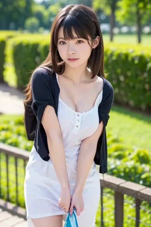 (Best-quality, Masterpiece, Ultra-High-Resolution, (Photorealistic:1.5), Raw Photo, depth of field, professional lighting, perfect anatomy, extremely details), 1girl, 15-years-old, the most famous Japanese idol, Sunny day, at noon, In summer park, (sitting on grass), ((wearing casual-dress with cute-design)), (extremely beautiful cute like the most popular Japanese idol, (extremely cute and extremely big eyes), extremely beautiful realistic-skins), extremely beautiful hair, extremely cute long-eyelashes, extremely cute lips, looking at viewer, innocent smile