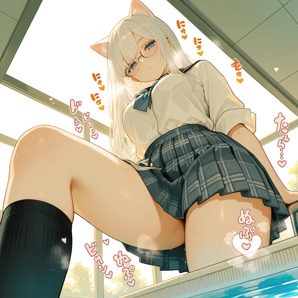highest quality、masterpiece、((1 girl:1.5))、(())、(blush:1.5)、(smile:1.5)、((fun!!))、cute、dog ears、(silver hair)、、high school girl、((classroom:1.5))、()、、Kamimei、look at me、(No panties:1.3)、((shaved pussy:1.5)), ((red bow tie, , black jacket, open jacket, white cardigan, white shirt, black skirt, plaid skirt、black socks))、 (No panties:1.3)、((shaved pussy:1.5))、(highly detailed closed labia:1.5)、((Peeing is occurring:1.8))、peeing、light blue eyes、long hair