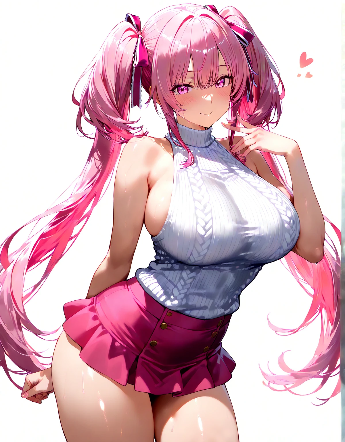 one woman, pink hair, gyaru, canine, aquamarine eyes, Double bun , 
navel, manicure, curly long hair, neat white uniform, smiling parabolic eyes, smile brightly, squatting cleavage, cute, short pink skirt, very large breasts