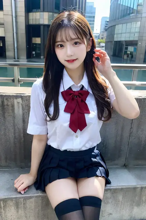 (masterpiece、high resolution、high quality),(Japanese women、18-year-old、High school girls)、(Accurate anatomy,Beautiful hands and feet)、, Put your hands forward from both feet, Put both feet in the circle of hands, Quite embarrassing, White panties, Beautiful feet, Tight Skirt, 90 degree knee, Place your heels on the ground, Hands in front of feet, Hold my feet, Kneel, paved, RAW Photos, In 8K, 最high quality, Ultra-high resolution, Beautiful face details, Real human skin, Gentle expression, Front view, Angle from below, Long Hair, Realistic, Realistic, cute, Short skirt, Lurking deep in the city, cute女子高生, (Japanese school girl uniform, Wearing a Japanese uniform), Surreal school girl, Full Body Lesbian,