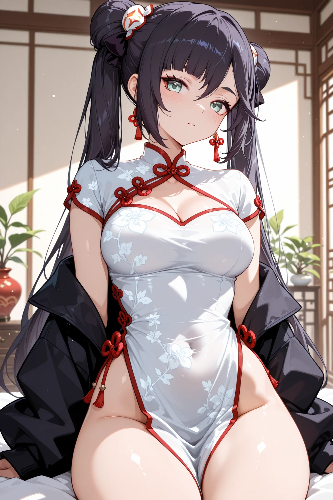 Beautiful Chinese girl,Wearing a crisp white wedding dress,(transparent),Black long hair,watcher,Upper Body,Sitting on the grass,Lovely,A slight smile on the face,Large bust,Beautiful breasts are long and naturally droopy,Cleavage close-up,(Slim legs:10.0),Peerless Beauty,Wearing Chinese ancient jade hairpin jewelry,Red leg
