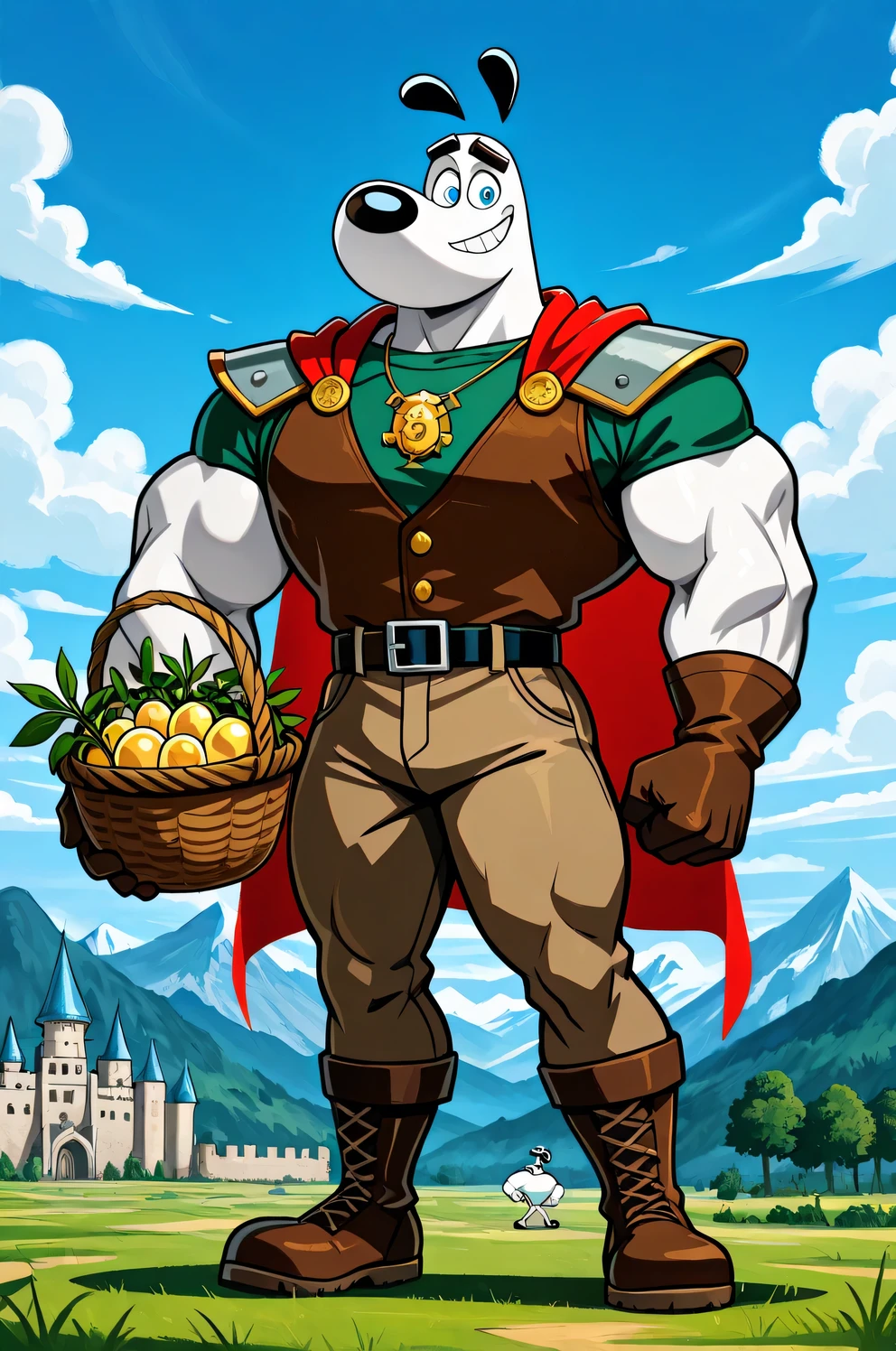 A Giant muscular dudley puppy (T.U.F.F Puppy), white dog, cartoon 2d style, giant size, macro size, full body, muscular body, castle background, Masterpiece, best quality, high quality, detailed, Dudley Puppy, male, solo male, 1boy, broad shoulders, mature male, blue eyes, athletic build, muscular male, black ears, black eyebrows, animal ears, white body, big eyebrows, a dark green shirt with long sleeves, dark brown vest, round snout, full body, brown pants, black belt, teeths necklace, bigger brown gloves, wearing a very long red cape, shoulder pads, big feets, brown wrestler boots, outdoors, looking at viewer, powerful smiling, macro size, 50-foot size, giant size, one fist on his waist, holding a basket of golden eggs, blue sky background, beanstalk plant in the clouds, castle background, mountains behind, fairytale fantasy scene.