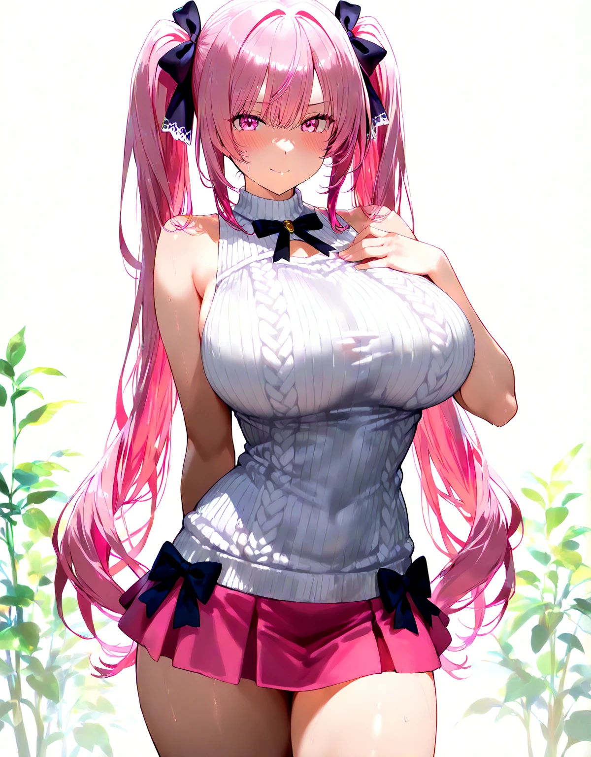 masterpiece, best quality, highres, yae miko, pink long hair, symbol-shaped pupils, +_+, large breasts, gym uniform, white shirt, sleeveless, white gloves, elbow gloves, white shorts, gym shorts, short shorts, white thighhighs, outdoor, playground, grass, cowboy shot, standing, leaning forward,