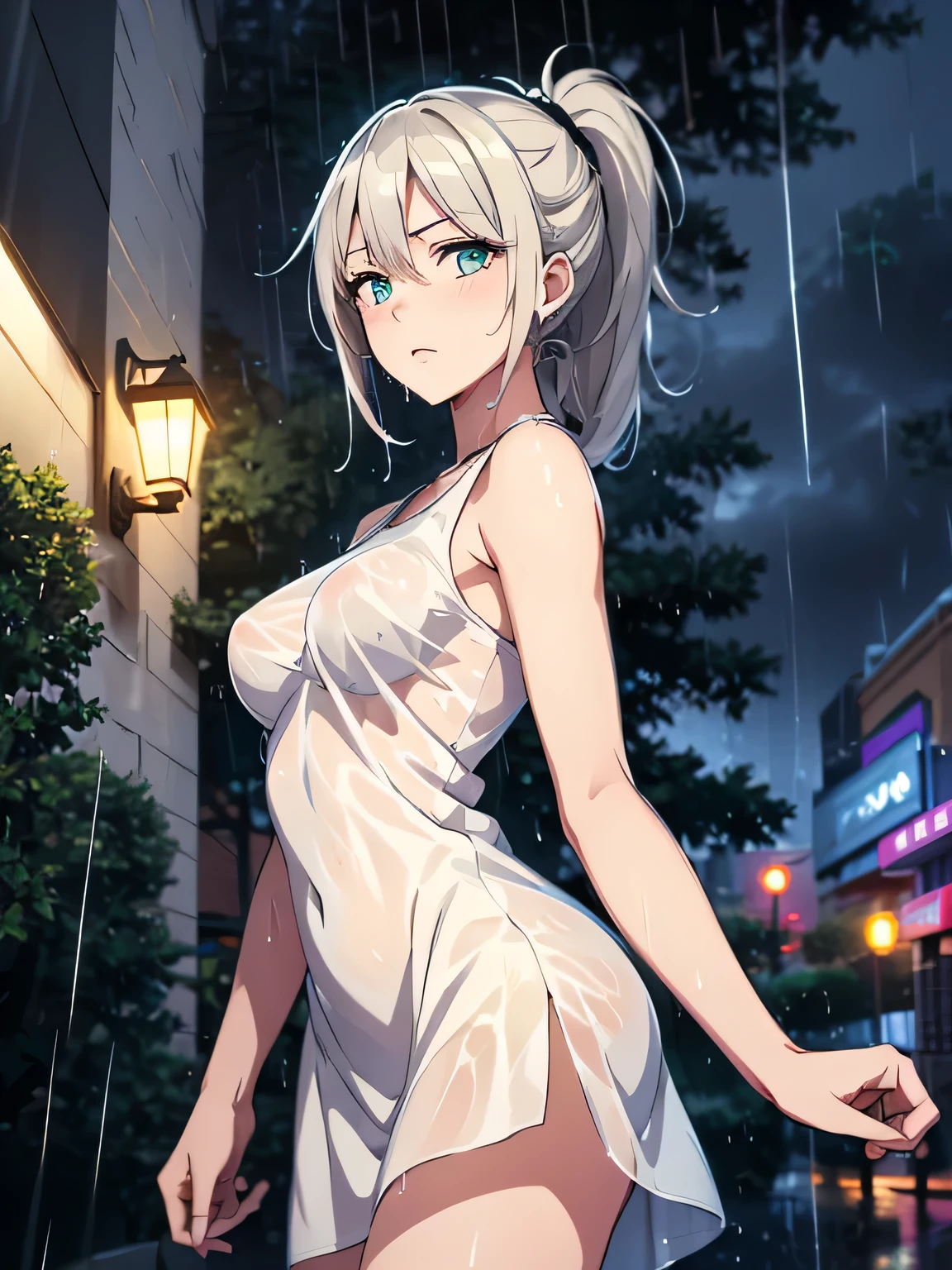 1girls, arms behind back, rain, seductive, (4K,realistic,highres,absurdres,masterpiece:1.2),((cinematic lumination)),deep depth of field,charming face,bloom,medium breasts,(smiling:0.6),young female, looking at the viewer, white skin, ((slim, skinny)), ((wet skin, sweat)), high heels, red eyes