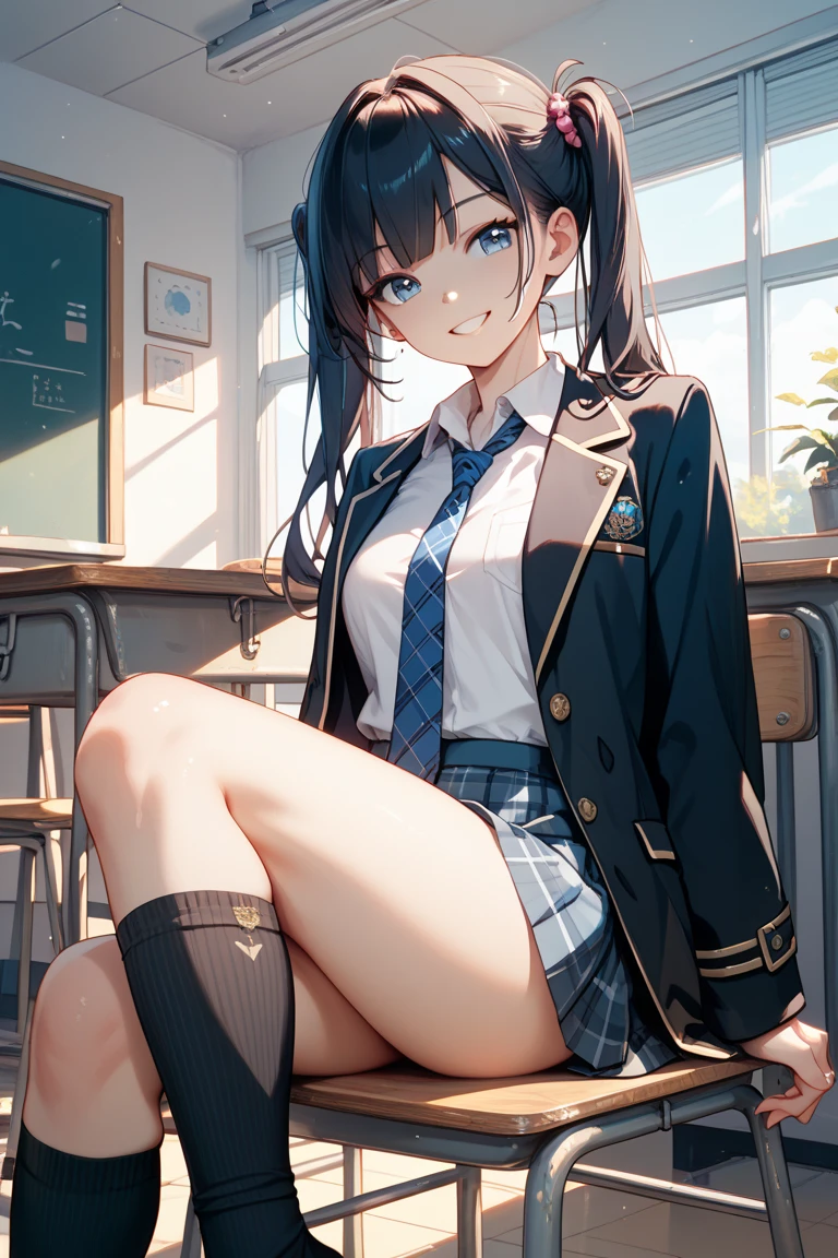 School classroom、(One Girl),(Beautifully drawn eyes in every detail、Look at the detailasterpieceサイドライト、masterpiece、Highest quality、detailed、High resolution illustrations),Woman facing forward,Delicate makeup, throw、Soft focus ground bokeh、Turn to me and smile,((( Dark brown hair)))、short hair、Curly Hair、Low twin tails、Short Twin Tails, break 、, (Black socks:1.4),(((Dark Blue Blazer)))、White shirt、Yellow ribbon、Grey pleated skirt、 Brown Loafers,