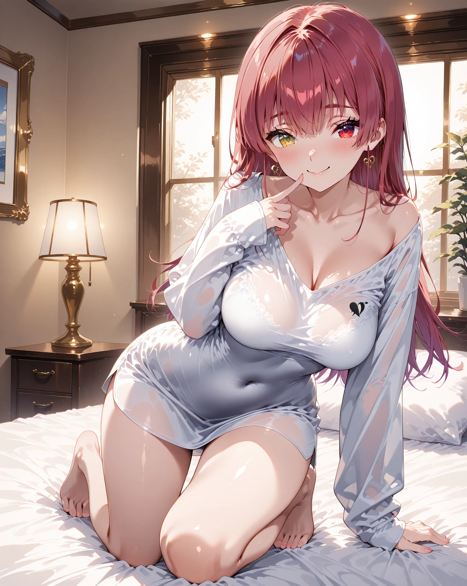 highest quality、clear、complete limbs、one beautiful woman、(Woman with red hair:1.3)、short hair woman、beautiful big breasted woman、(A woman wearing a pink nurse uniform-style leotard)、woman wearing brown pantyhose、hospital、hospital room、bed、woman kneeling、big smile