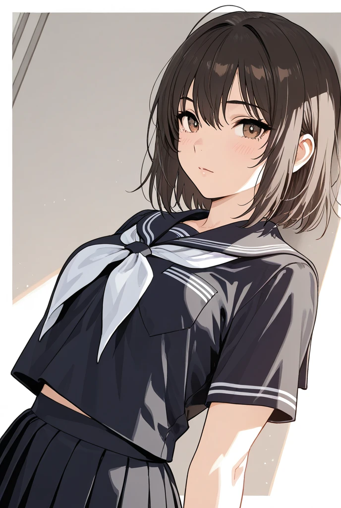 Black Skirt, Short sleeve, Black sailor collar, ((Highest quality, High resolution, Pixel perfect, 8k)), 1 girl, single, alone, Cute Woman、I could see the whole body、((Brown eyes, Beautiful eyelashes, current eyes)), ((Detailed face, blush:1.2)), ((Smooth texture:0.75)), ((Anime CG style)), Mid-chest, ((Dynamic Angle:1.3)), Perfect body, In the summer park, Back view, turn around, ((Showing white panties:0.9)), Skirt Lift