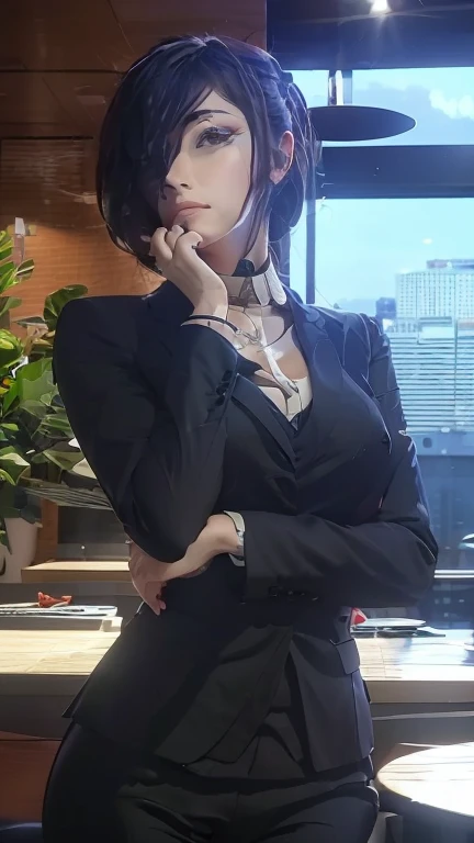 The upper body is covered with black leather gloves up to the fingertips in both hands. Black recruitment suit. Sitting on a leather chair on a desk in my room with a computer in the dark, talking to the other side of the screen. Long, black hair bundled in the back. Look at this, messing with the hair with the fingertips of black leather gloves, a very cute Japanese female