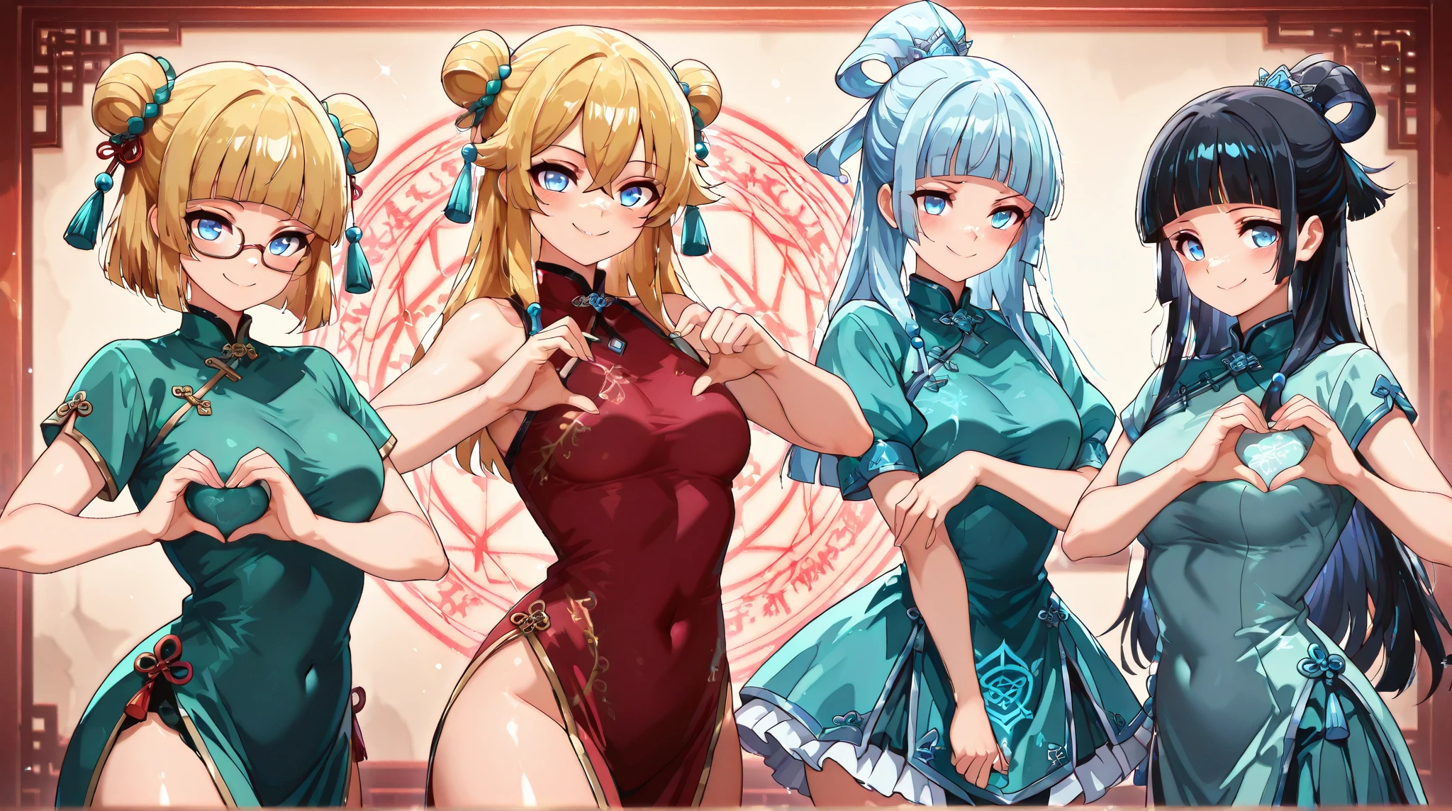 (cute eyes:1.2), (sparkling eyes:1.2), highest quality,wonderful,finely,extremely detailed CG Unity 8K wallpaper, (Stand in line:1.2), (3 girls, clothed), ((red short cheongsam dress:1.3), golden pattern cheongsam), (slim body body:1.4), (huge breasts), (open mouth:1.1), (long tongue:1.1), (mouth drool:1.1), (Black knee socks:1.1),(Thighs:1.3),(Waistline:1.2),(midriff peek:1.2)